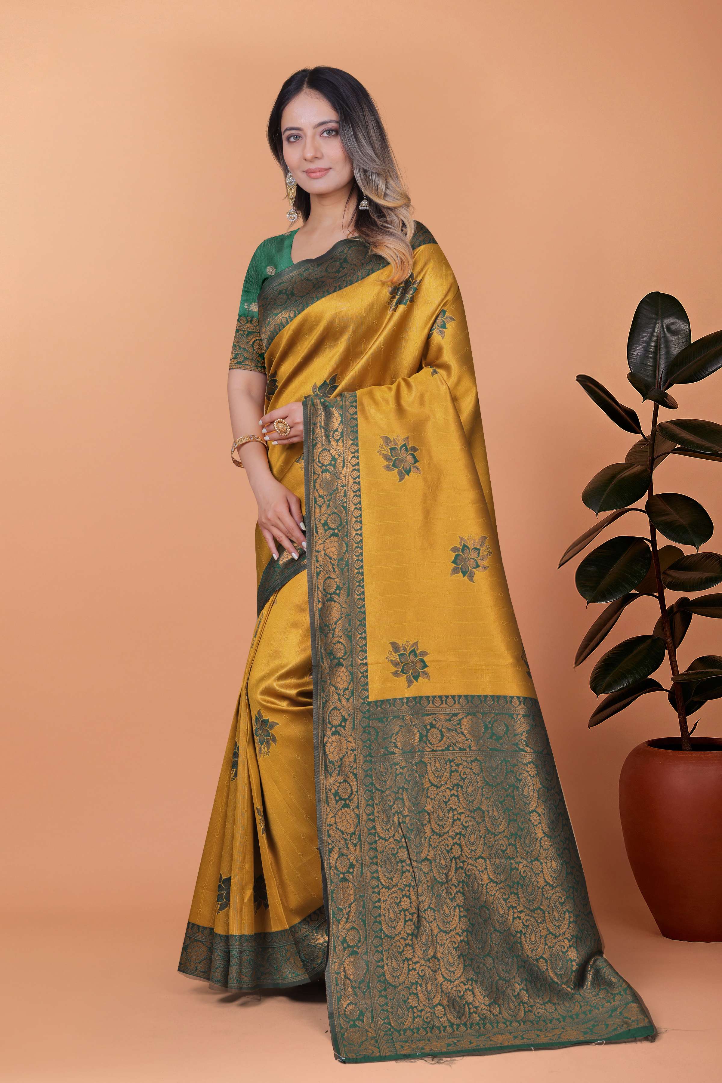 Golden Mustard Banarasi Silk Saree with Bottle Green Floral Accents & Blouse | Wedding, Haldi, Festive & Party Wear