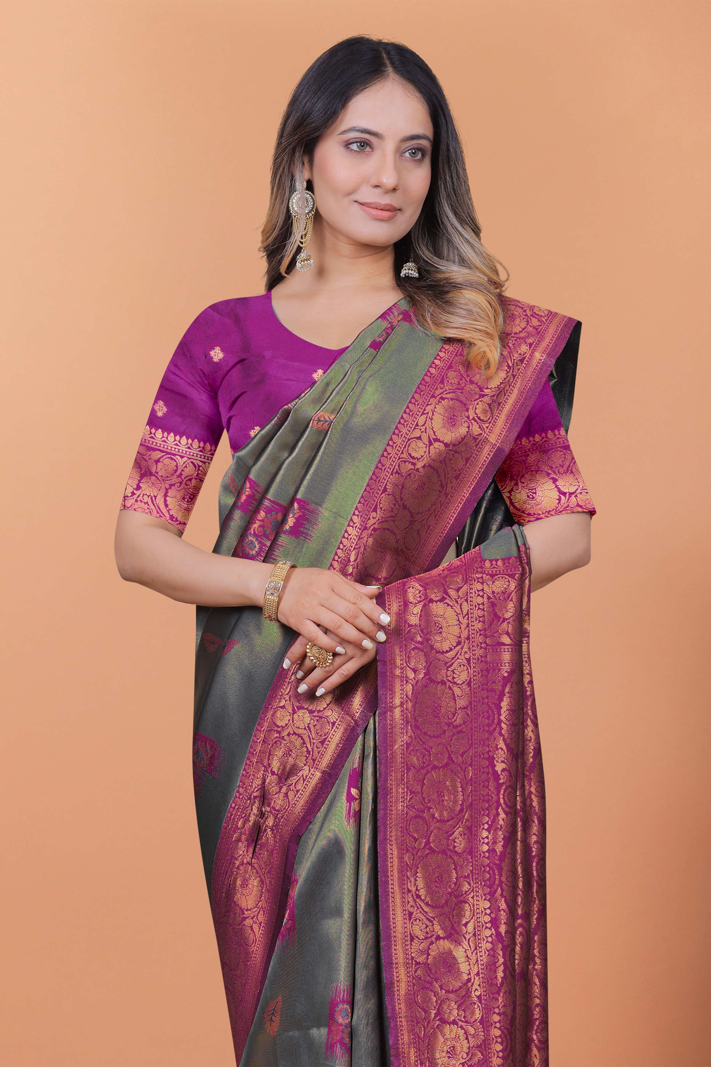 Graceful Grey-Green Banarasi Silk Saree with Magenta Zari Border & Blouse | Wedding, Festival & Party Wear
