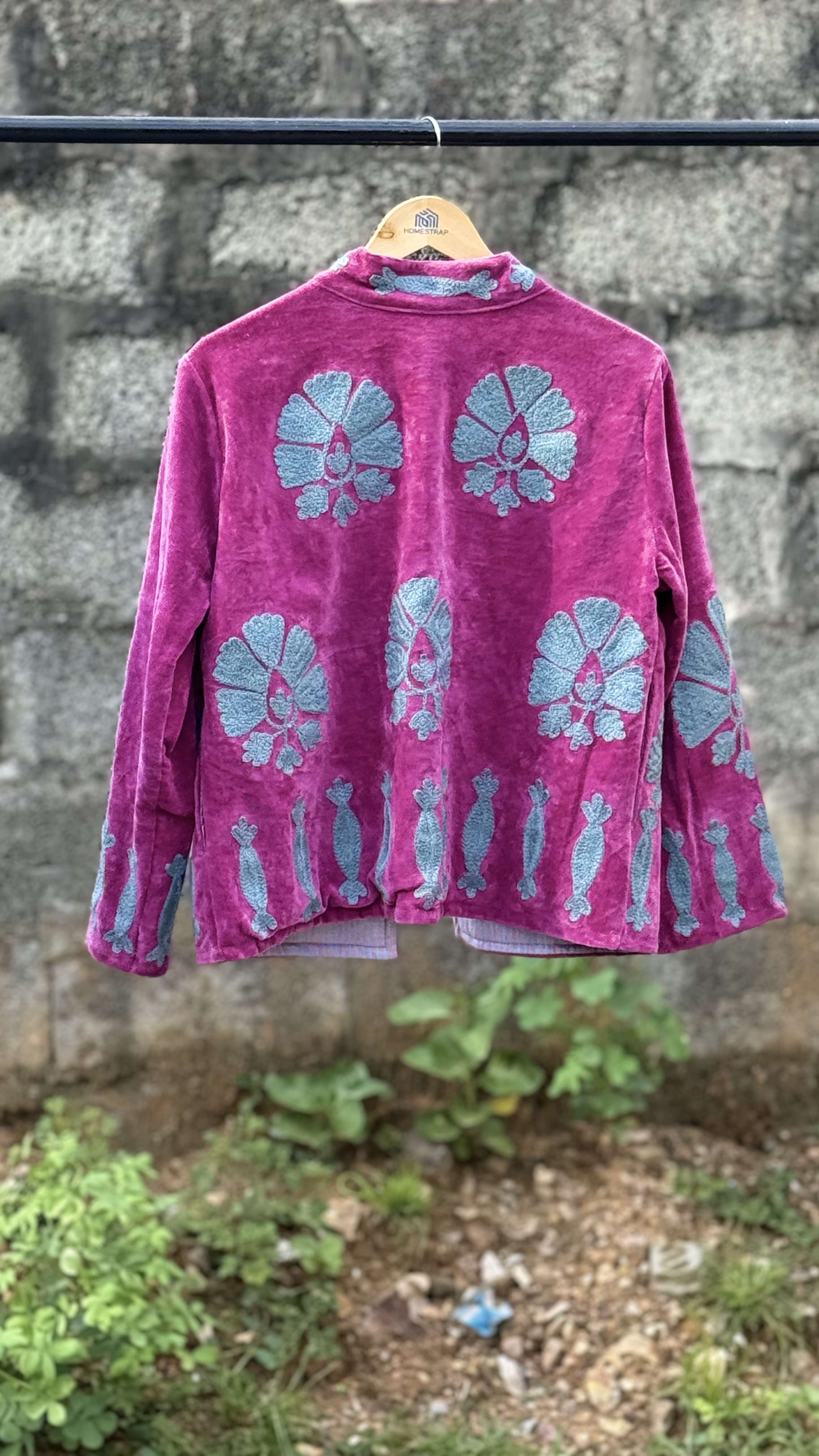 Womens Pink Velvet Embroidered Jacket with Floral Design