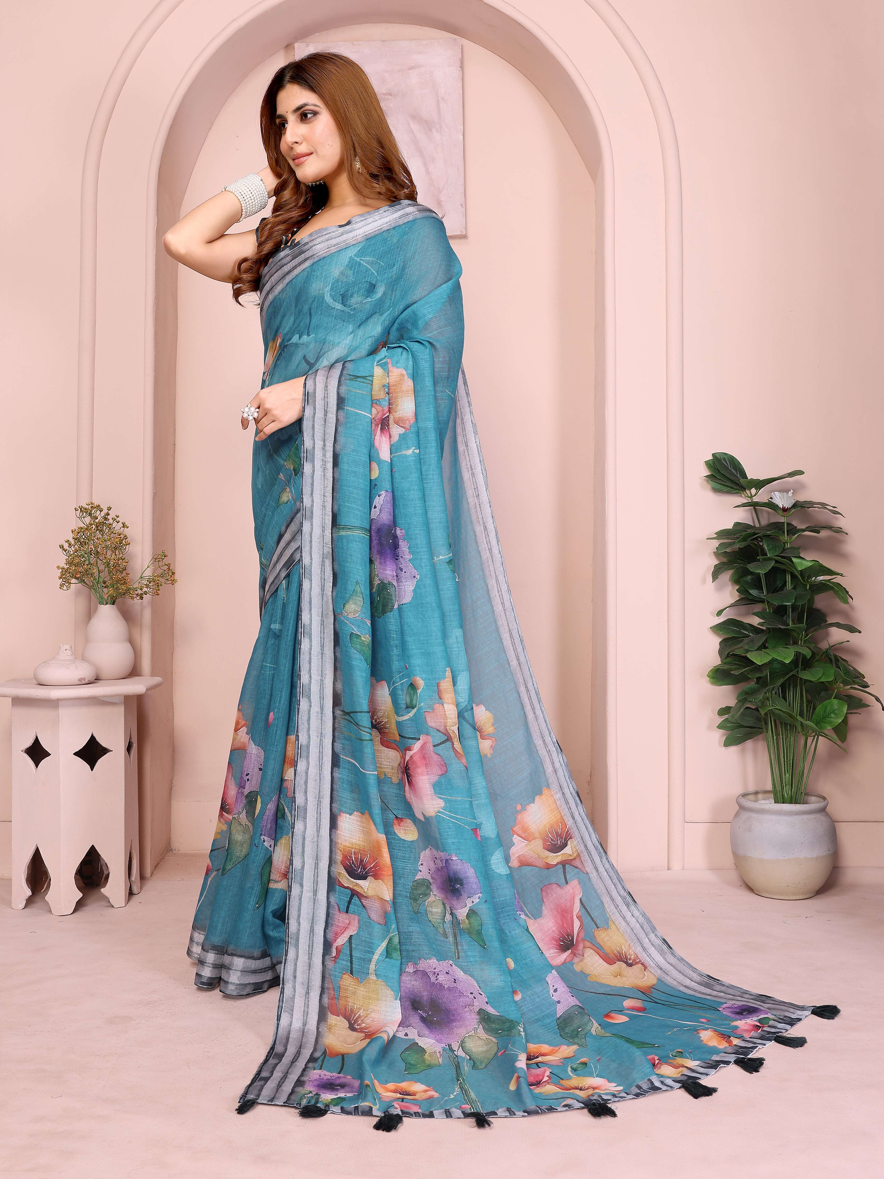 Teal Linen Cotton Saree with Vibrant Multicolor Floral Prints & Tassel Pallu