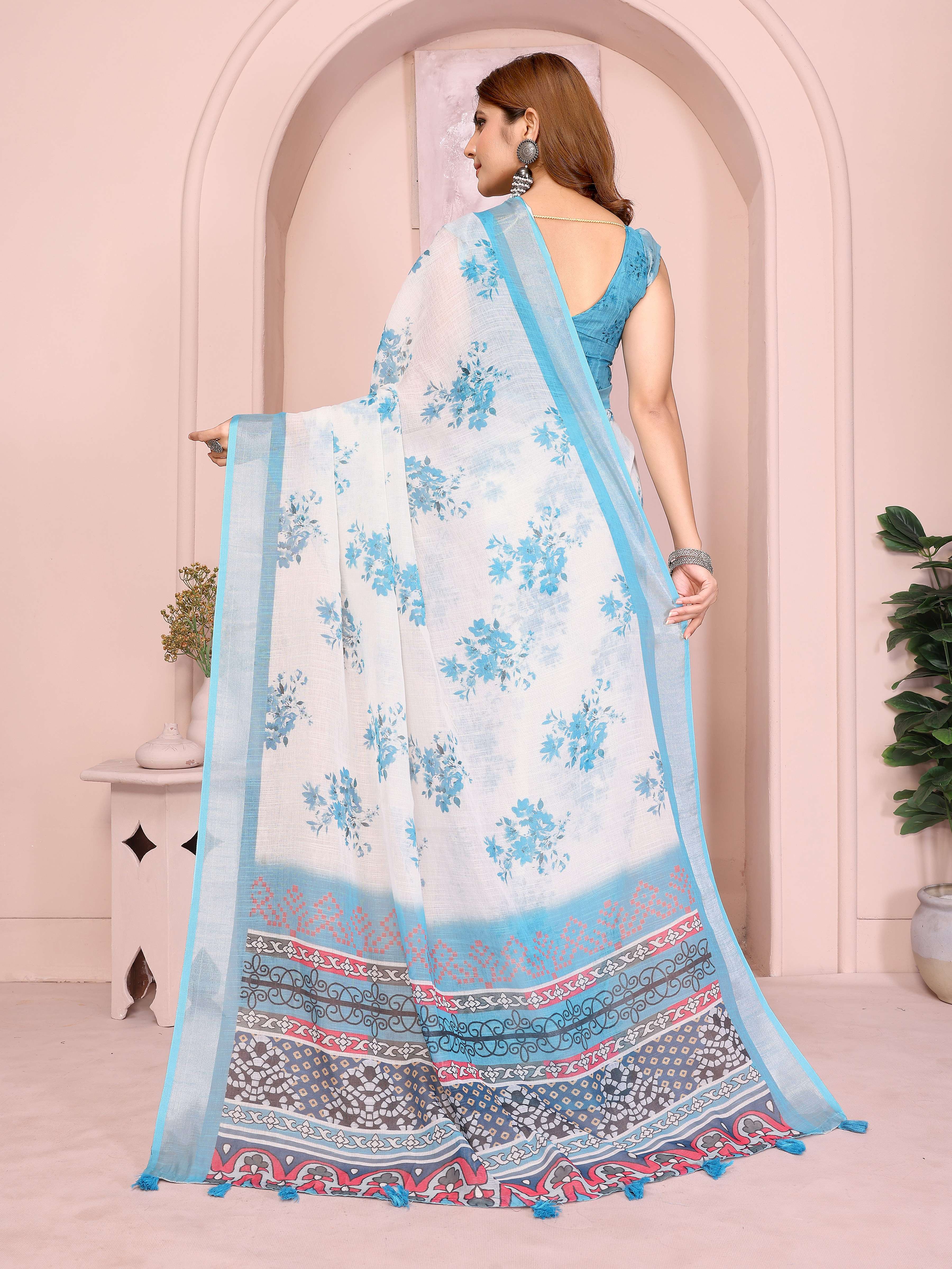 White & Sky Blue Linen Cotton Saree with Artistic Multicolor Pallu & Tassels