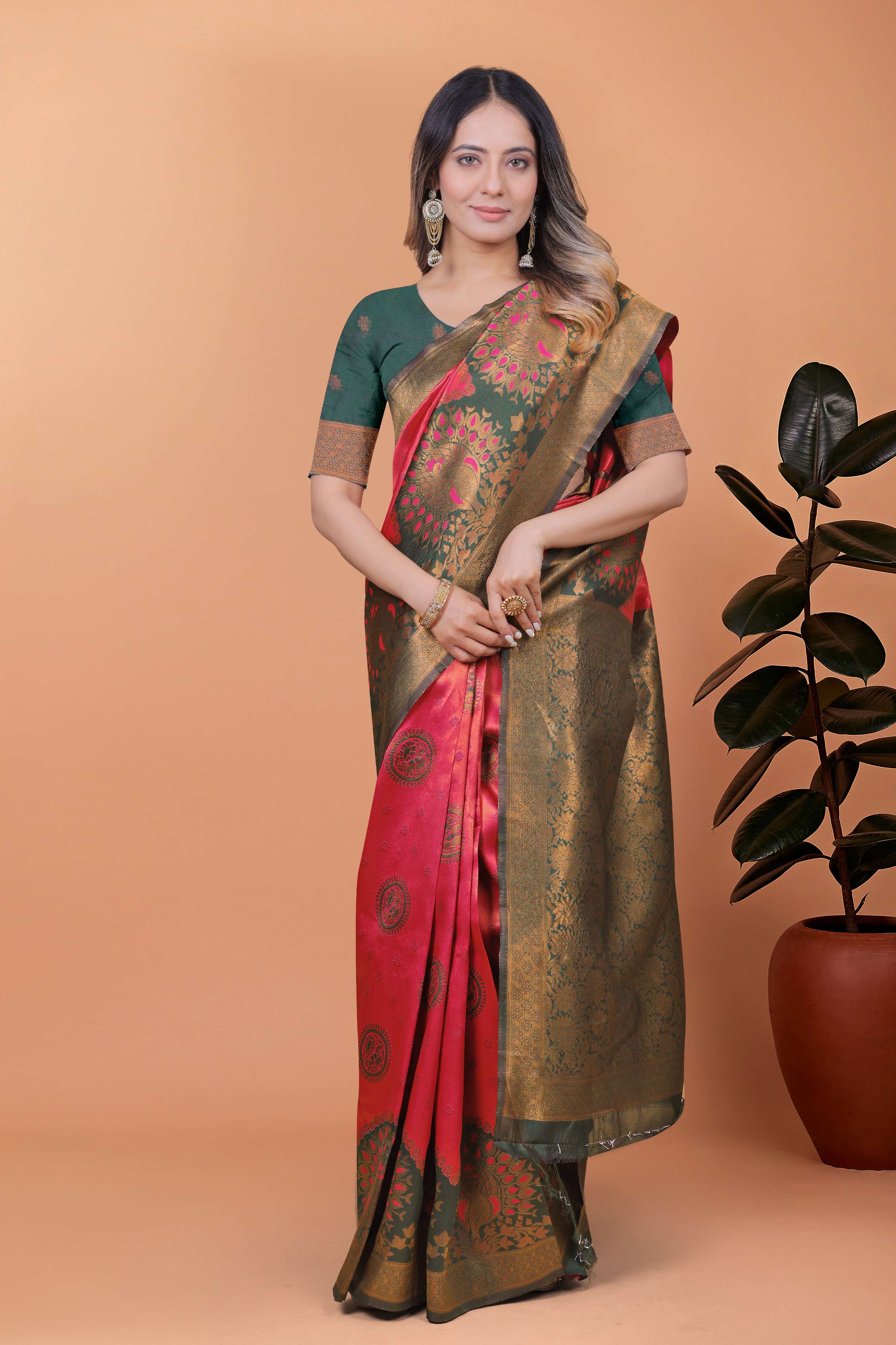 Royal Grace Banarasi Silk Saree with Floral & Peacock Zari Motifs – Deep Rose Pink & Antique Gold with Green Border