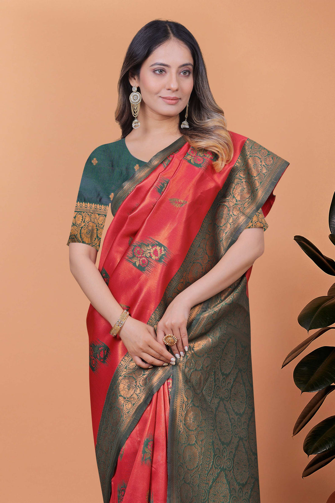Red & Bottle Green Banarasi Silk Saree with Antique Gold Zari | Traditional Wedding & Festive Saree with Rich Pallu