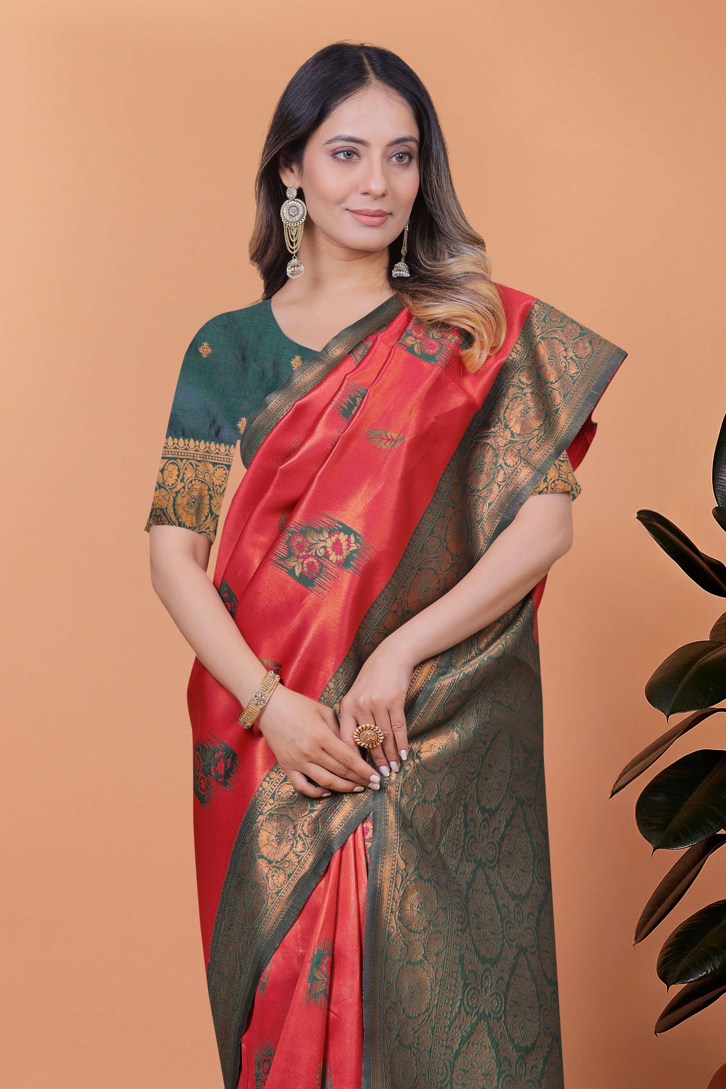 Red & Bottle Green Banarasi Silk Saree with Antique Gold Zari | Traditional Wedding & Festive Saree with Rich Pallu