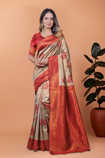Elegant Beige-Gold Banarasi Silk Saree with Rust-Red Zari Border & Blouse | Wedding, Festival & Party Ethnic Wear