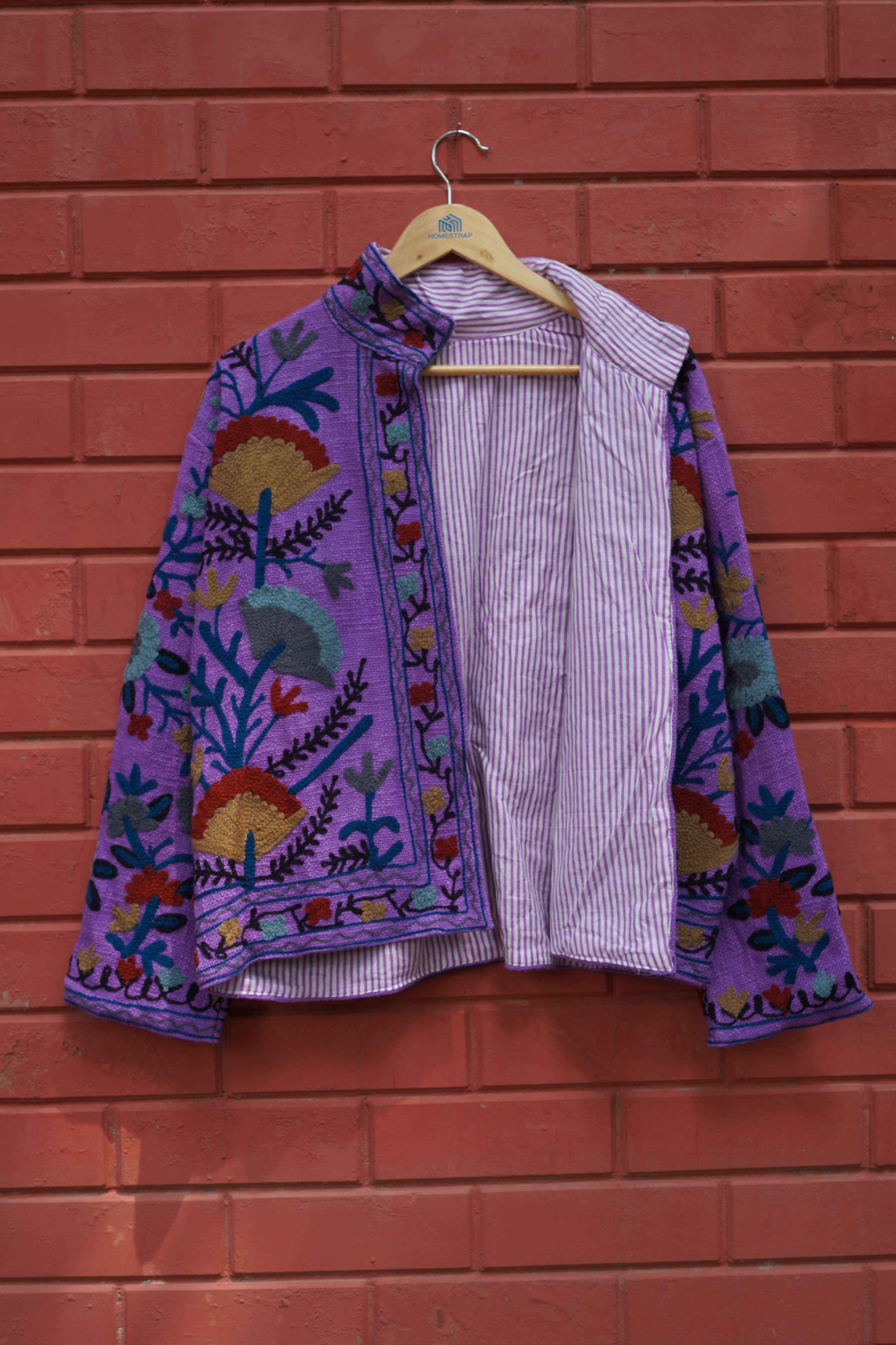 Womens Dark Purple Velvet Embroidered Jacket with Floral Design