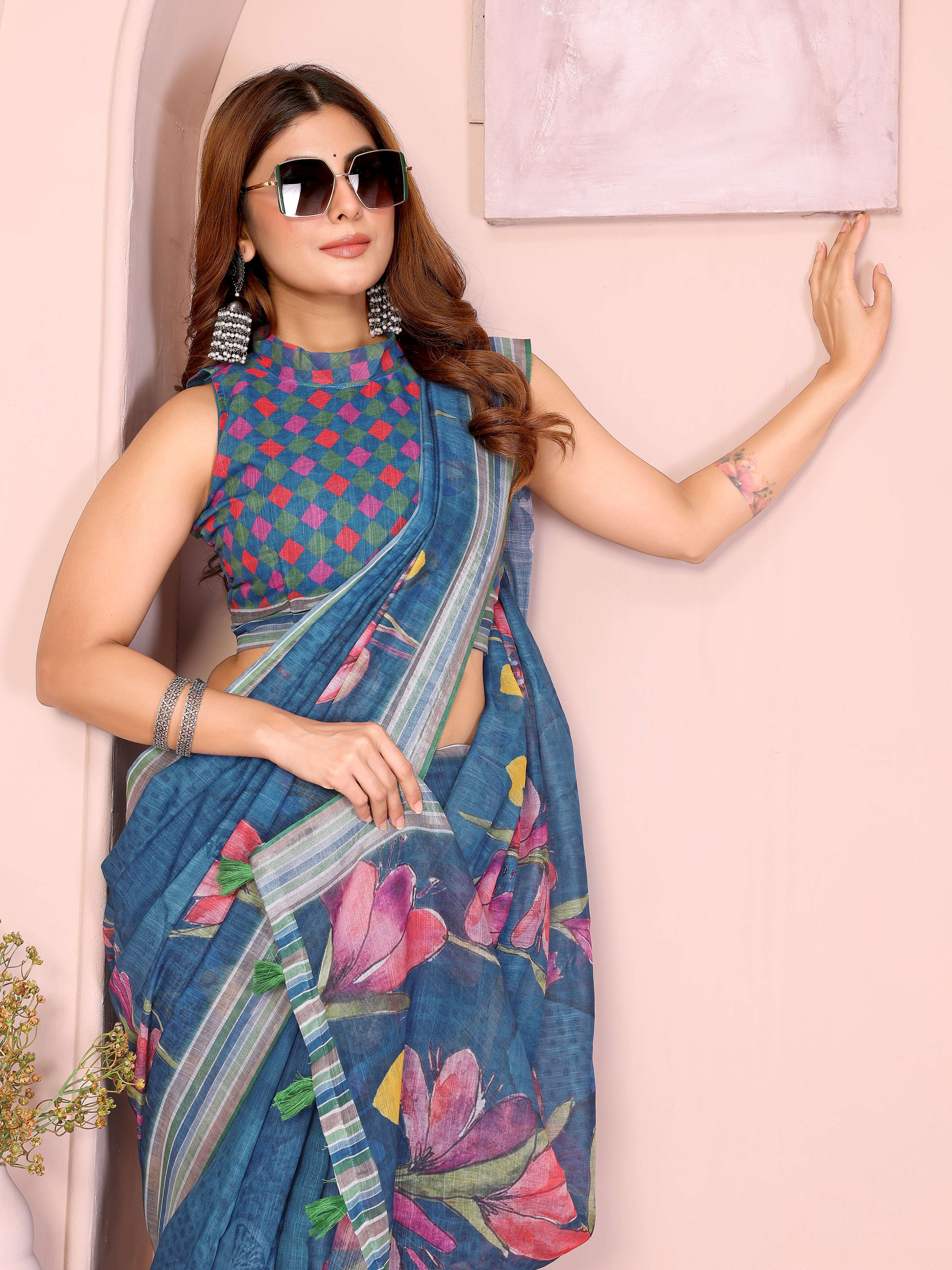 Elegant Linen Cotton Saree – Deep Teal with Vibrant Multicolor Floral Print & Striped Border