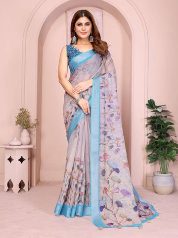 Elegant Linen Cotton Saree – Light Grey Floral Print with Sky Blue Border