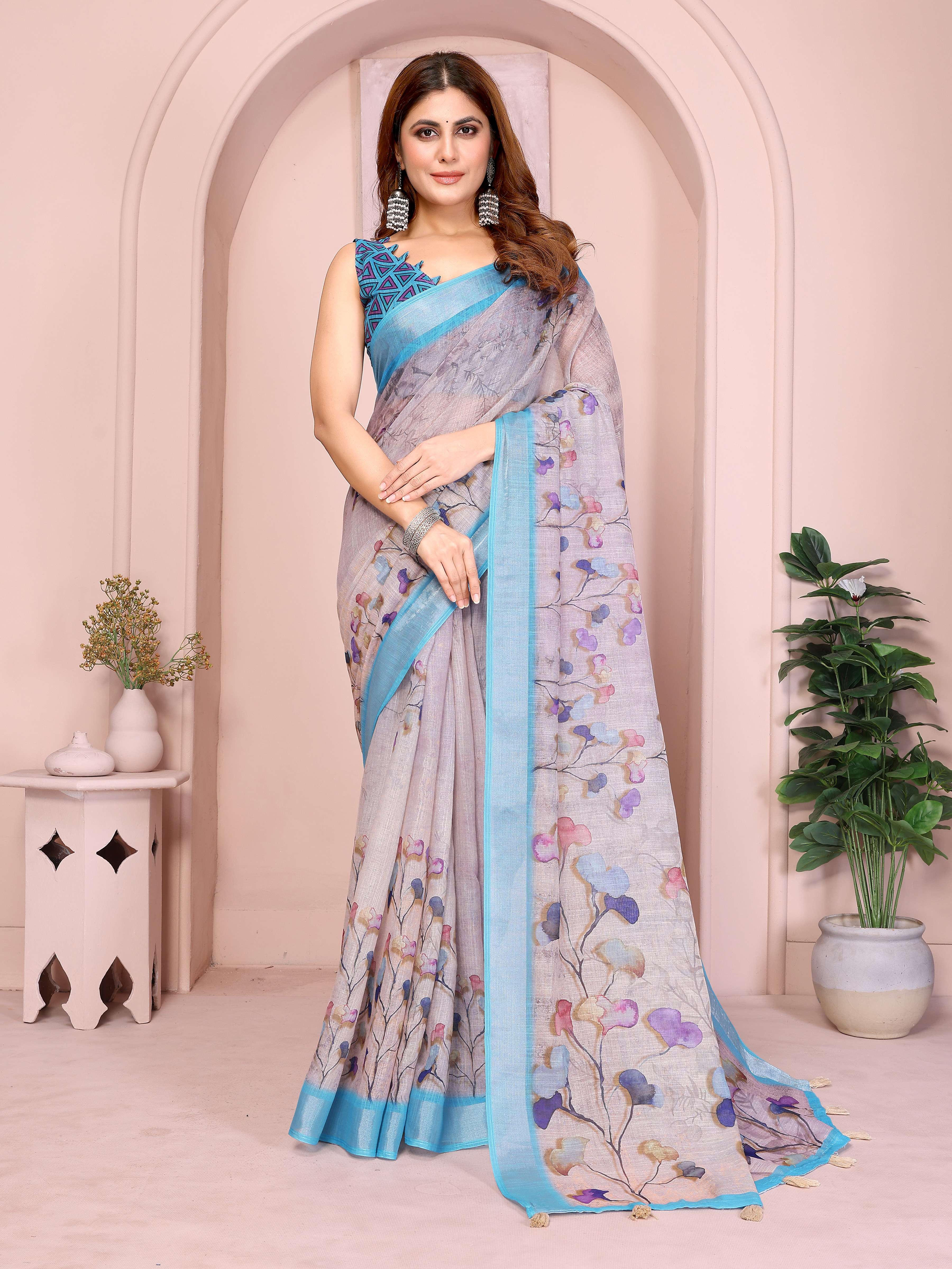 Elegant Linen Cotton Saree – Light Grey Floral Print with Sky Blue Border