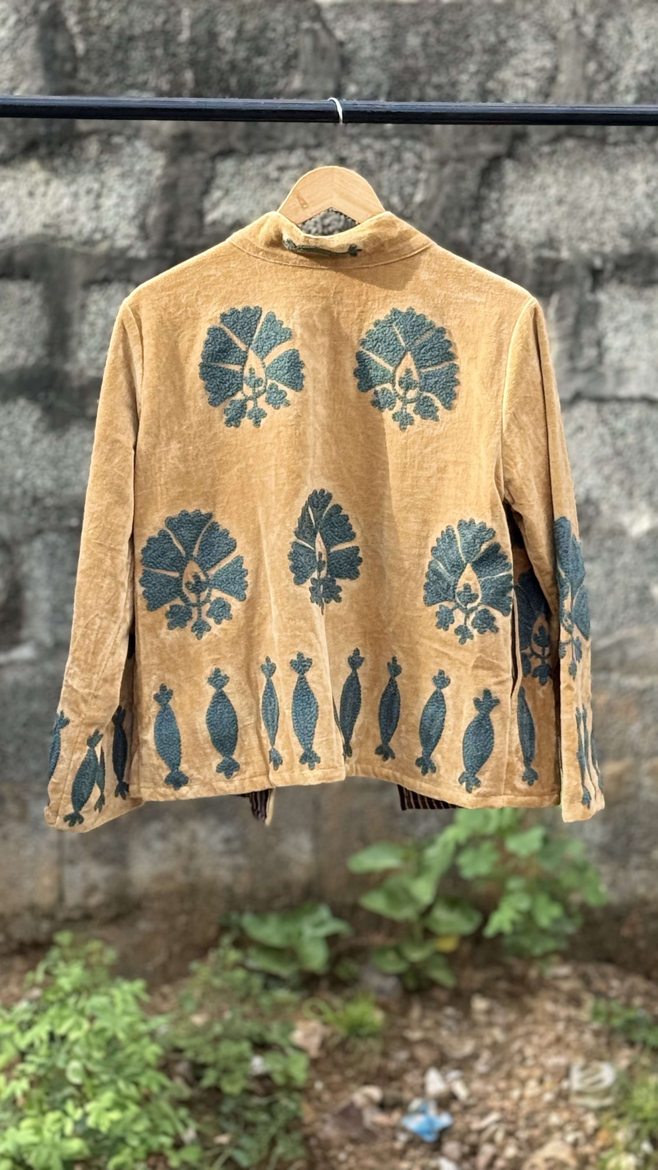 Womens Orange Velvet Embroidered Jacket with Floral Design