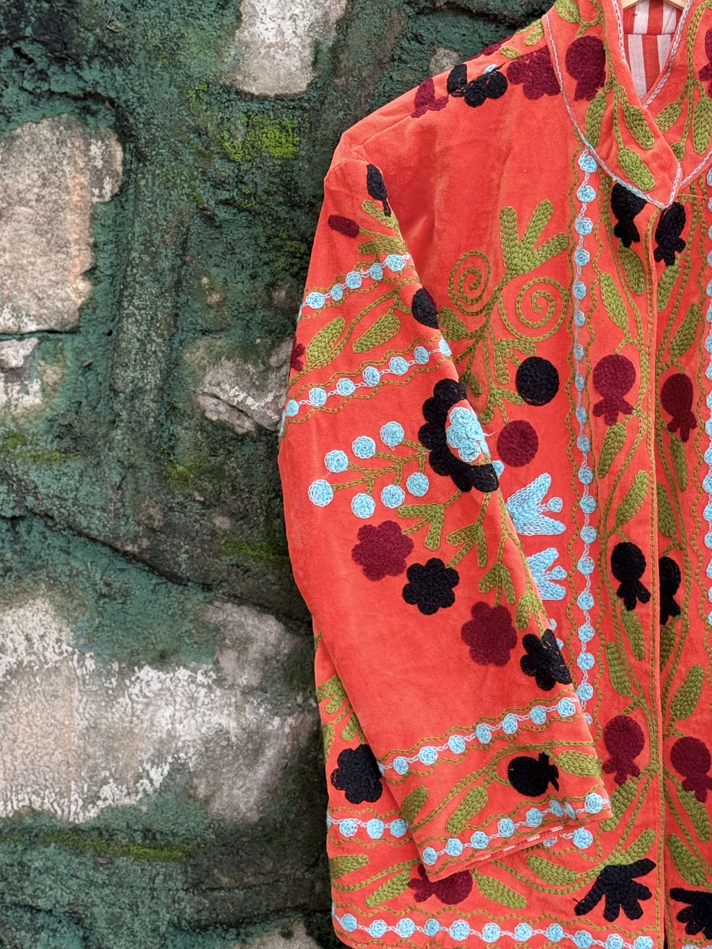 Womens Orange Velvet Embroidered Jacket with Floral Design