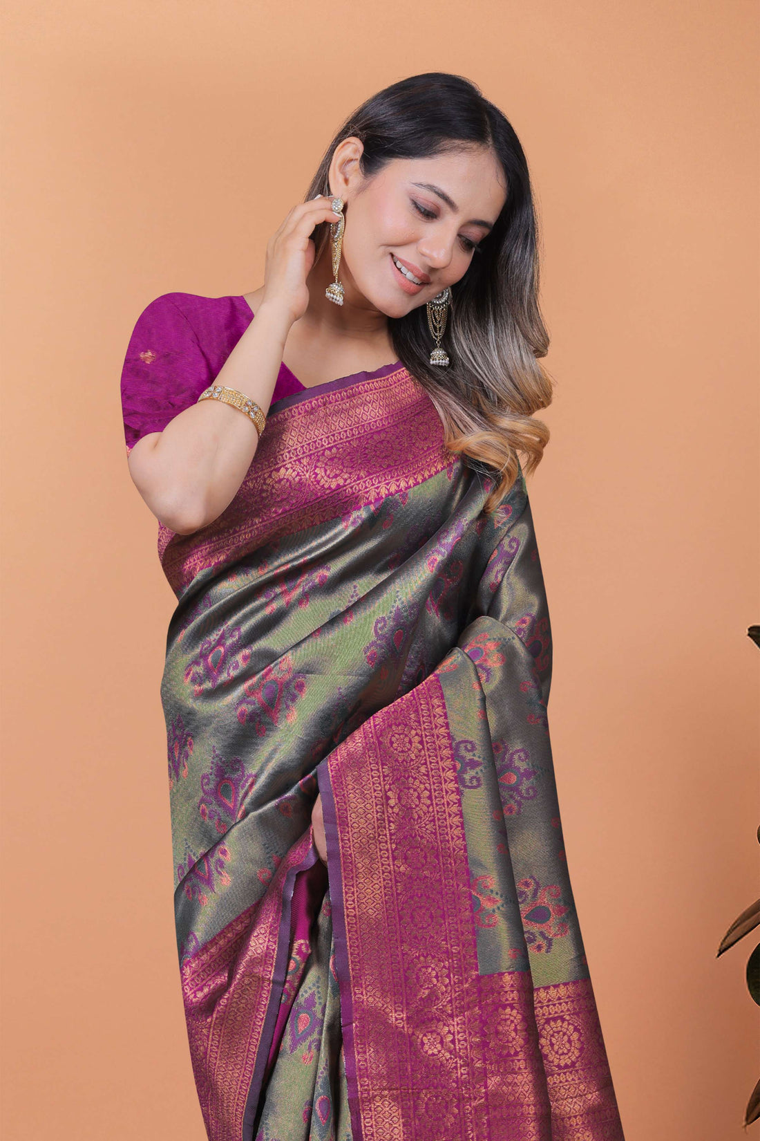 Royal Radiance Deep Olive Green & Magenta Banarasi Silk Saree with Zari Work | Wedding, Puja & Festive Occasion Wear