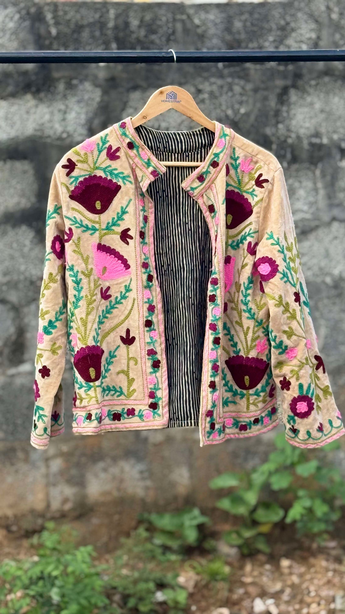 Womens Light Beige Velvet Embroidered Jacket with Floral Design