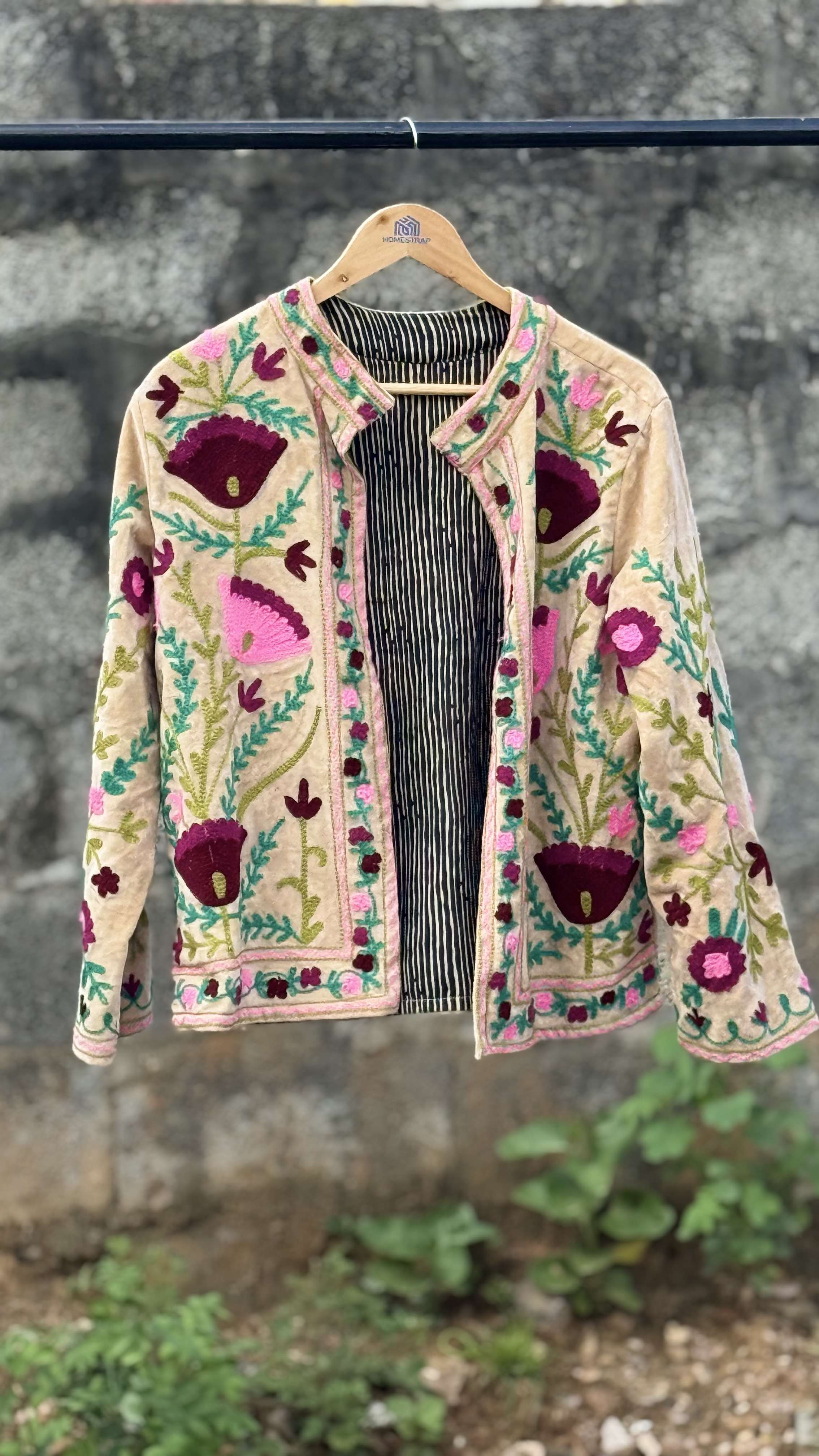 Womens Light Beige Velvet Embroidered Jacket with Floral Design