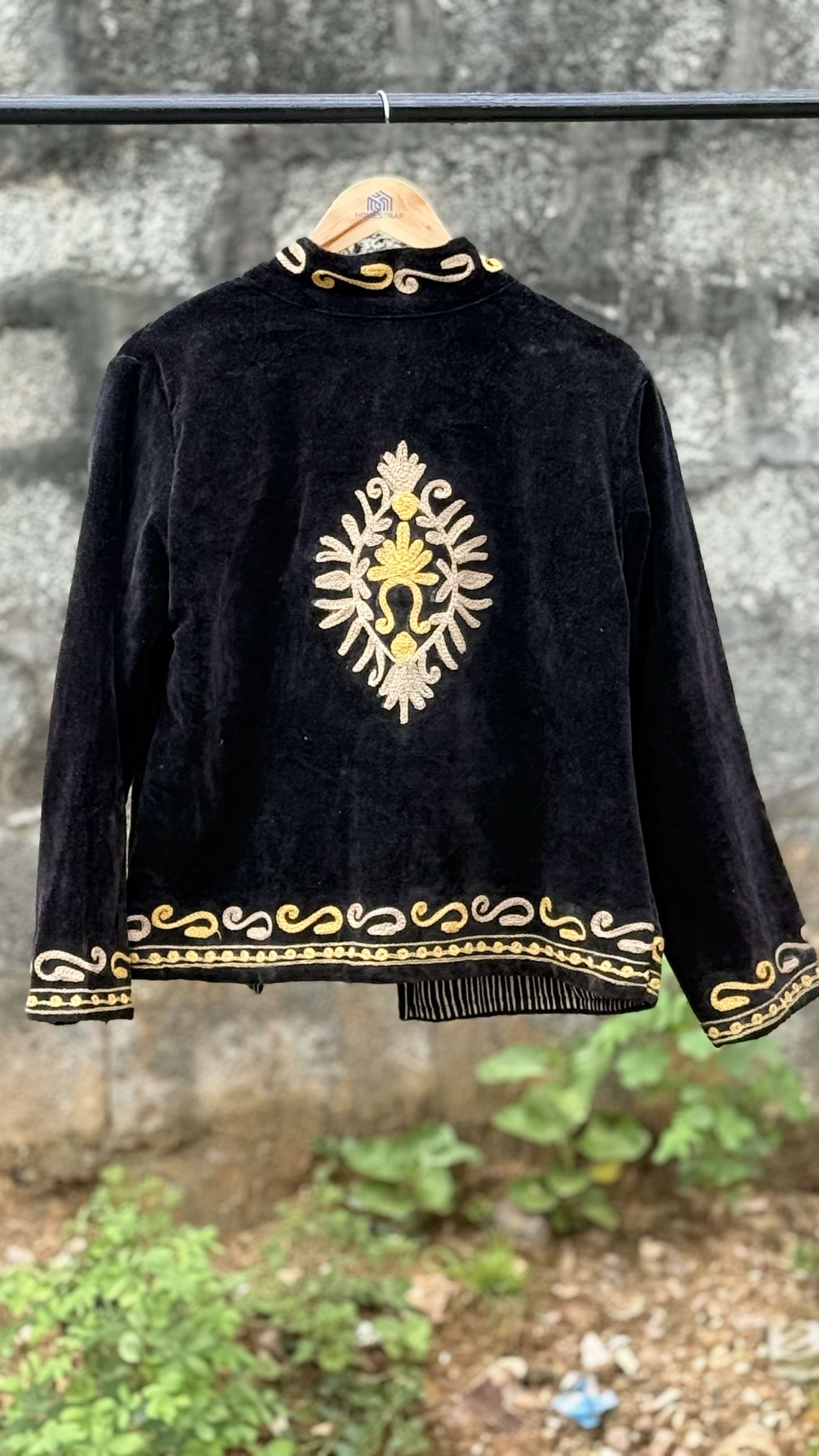 Womens Black Velvet Embroidered Jacket with Floral Design