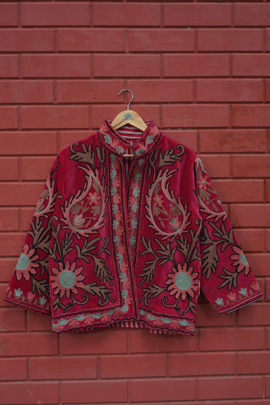 Womens Red Velvet Embroidered Jacket with Floral Design