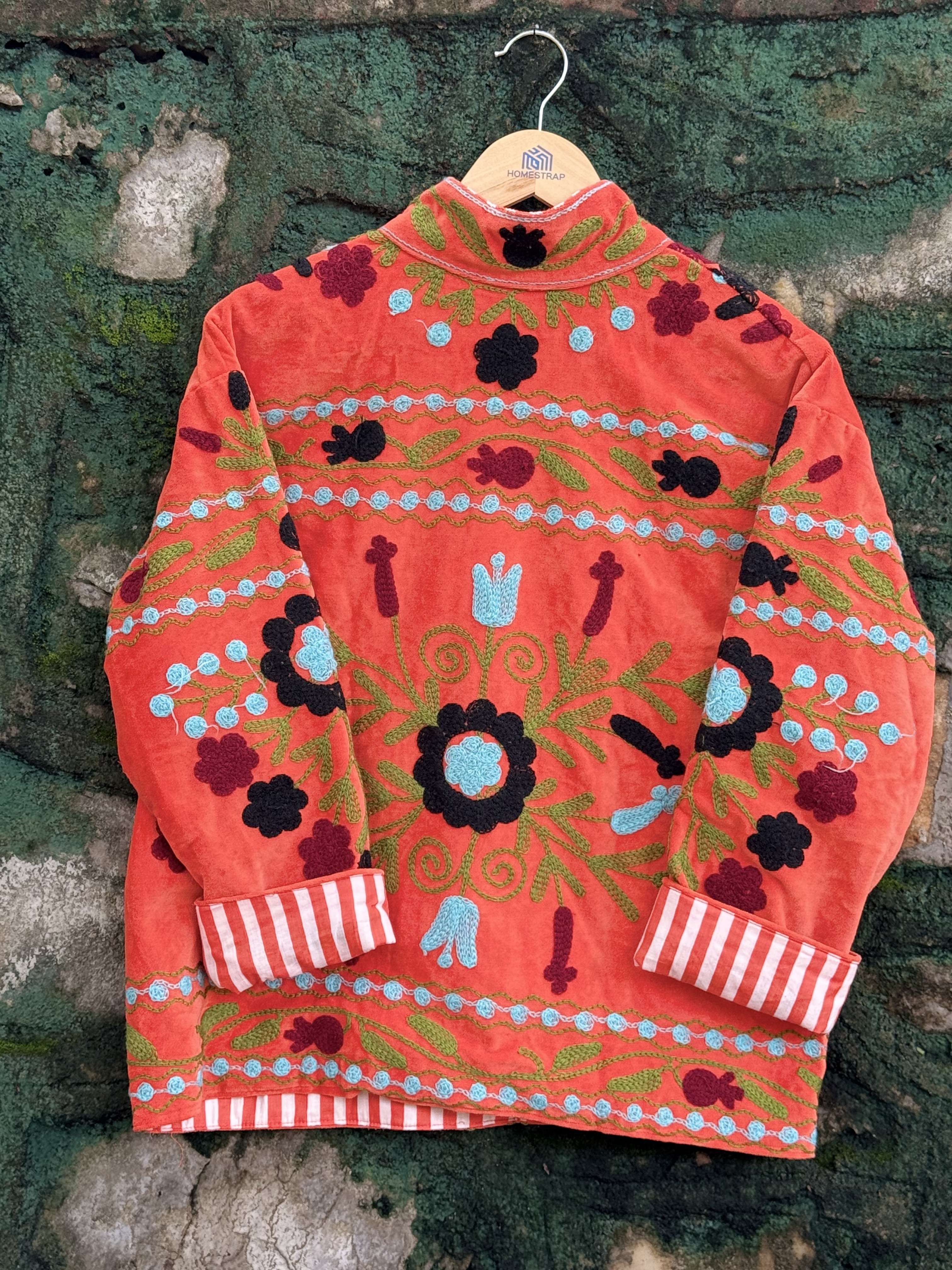 Womens Orange Velvet Embroidered Jacket with Floral Design