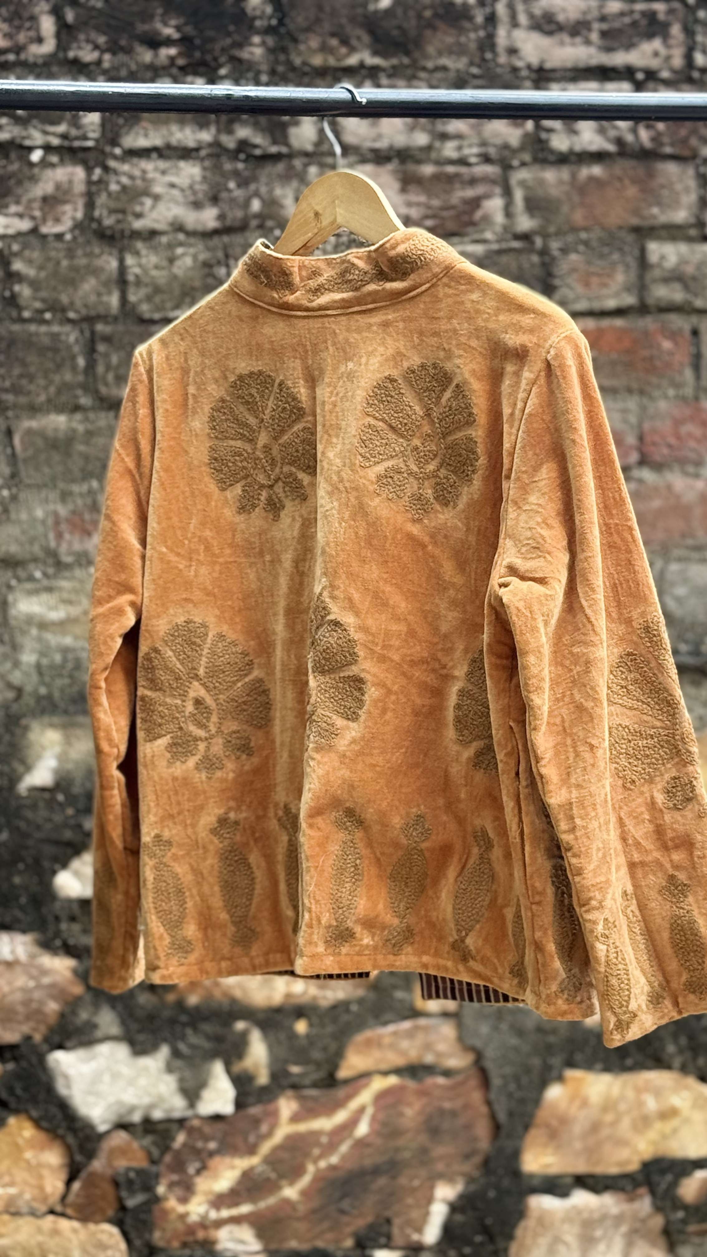 Womens Gold Velvet Embroidered Jacket with Floral Design