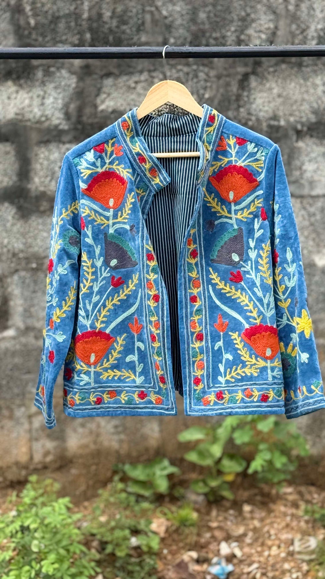 Womens Light Sky Blue Velvet Embroidered Jacket with Floral Design