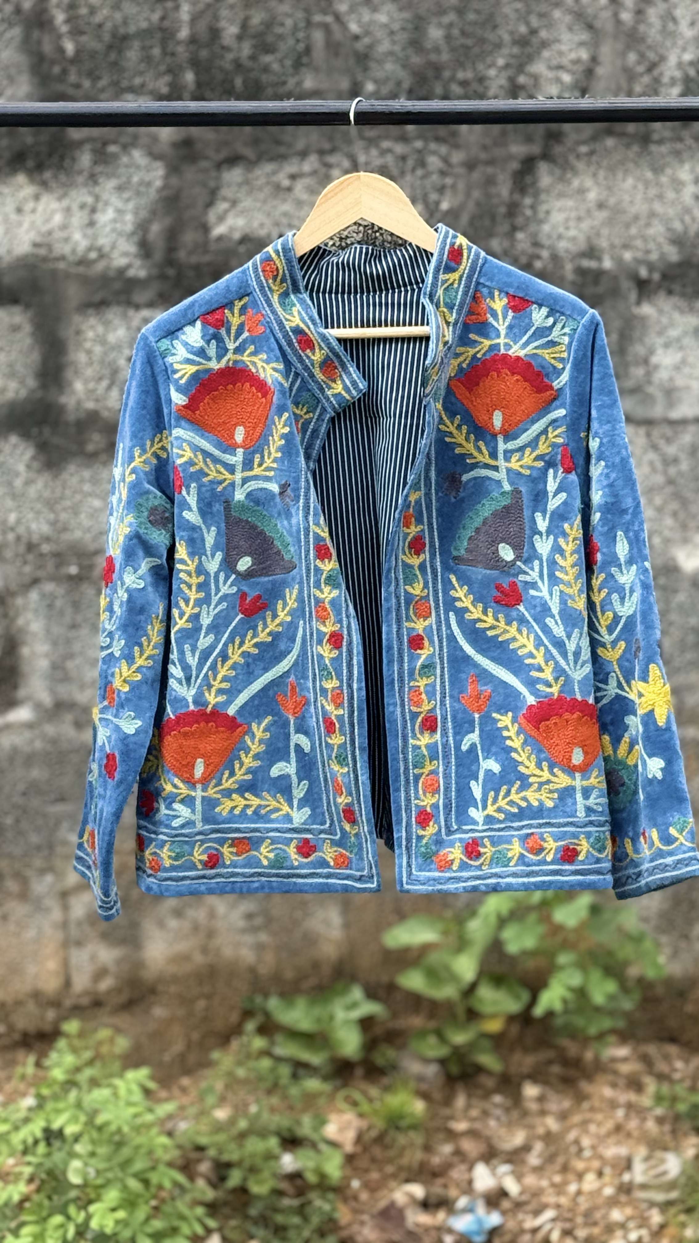 Womens Light Sky Blue Velvet Embroidered Jacket with Floral Design