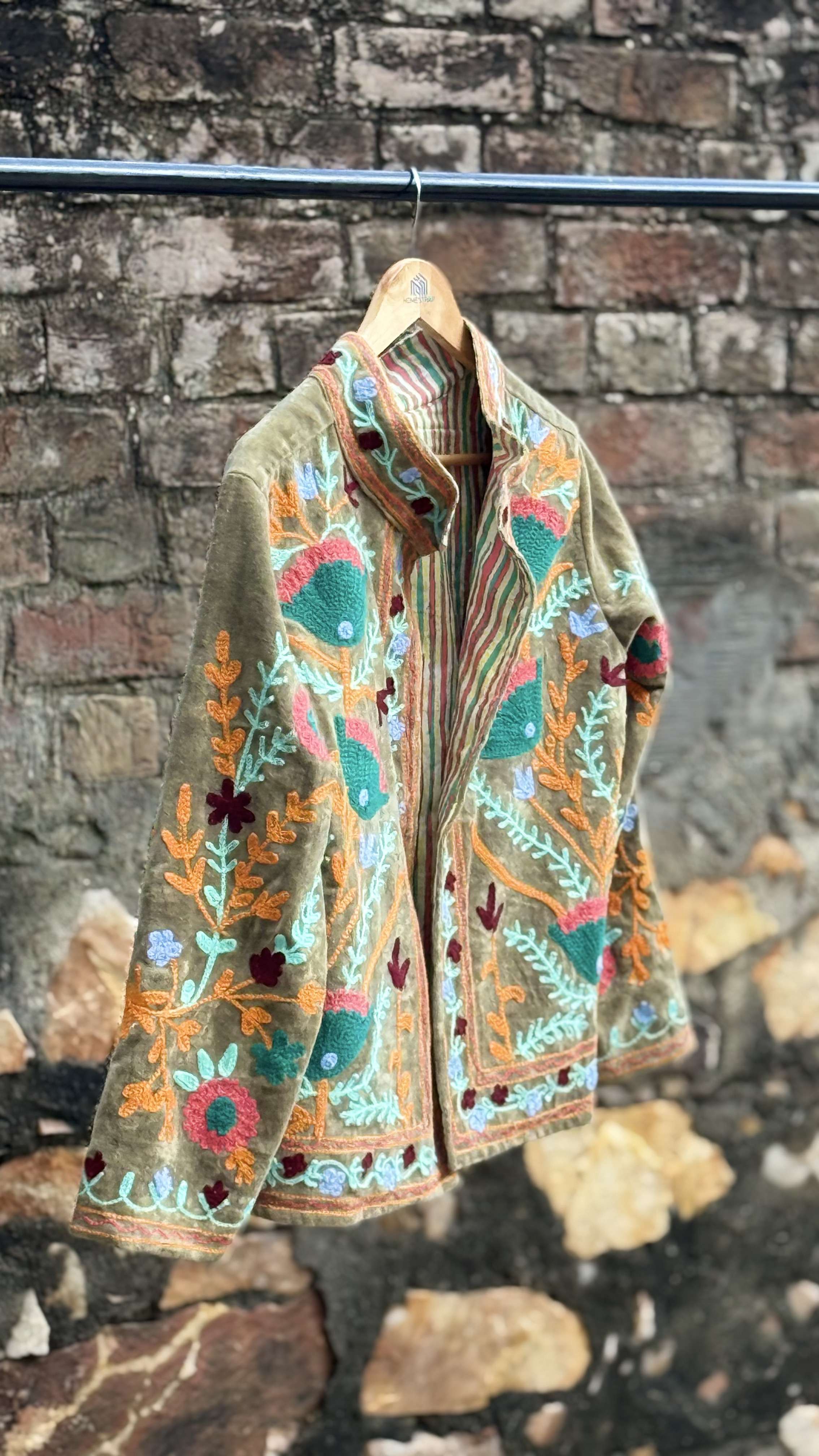 Womens Olive Green Velvet Embroidered Jacket with Floral Design