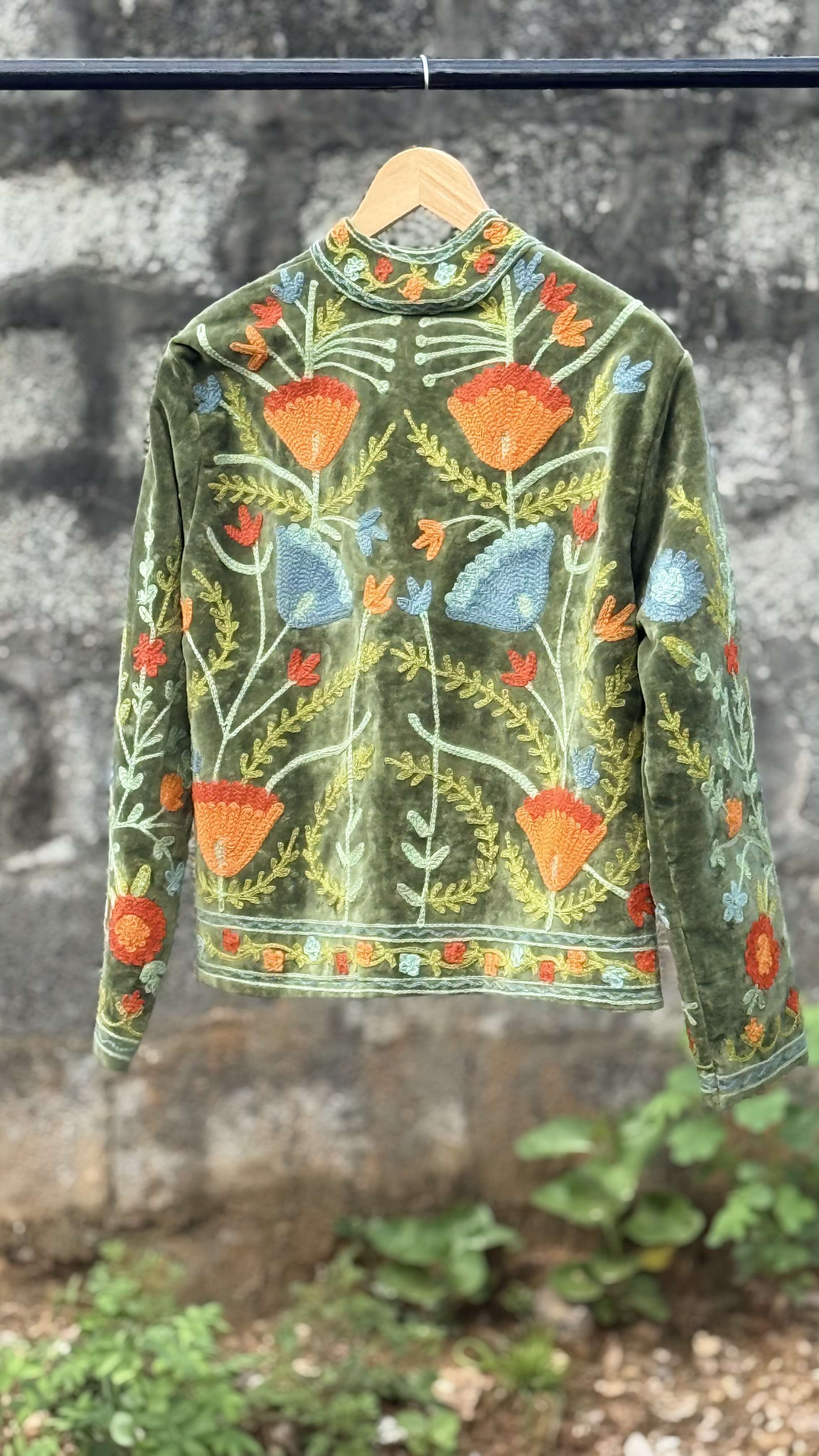 Womens Olive Green Velvet Embroidered Jacket with Floral Design