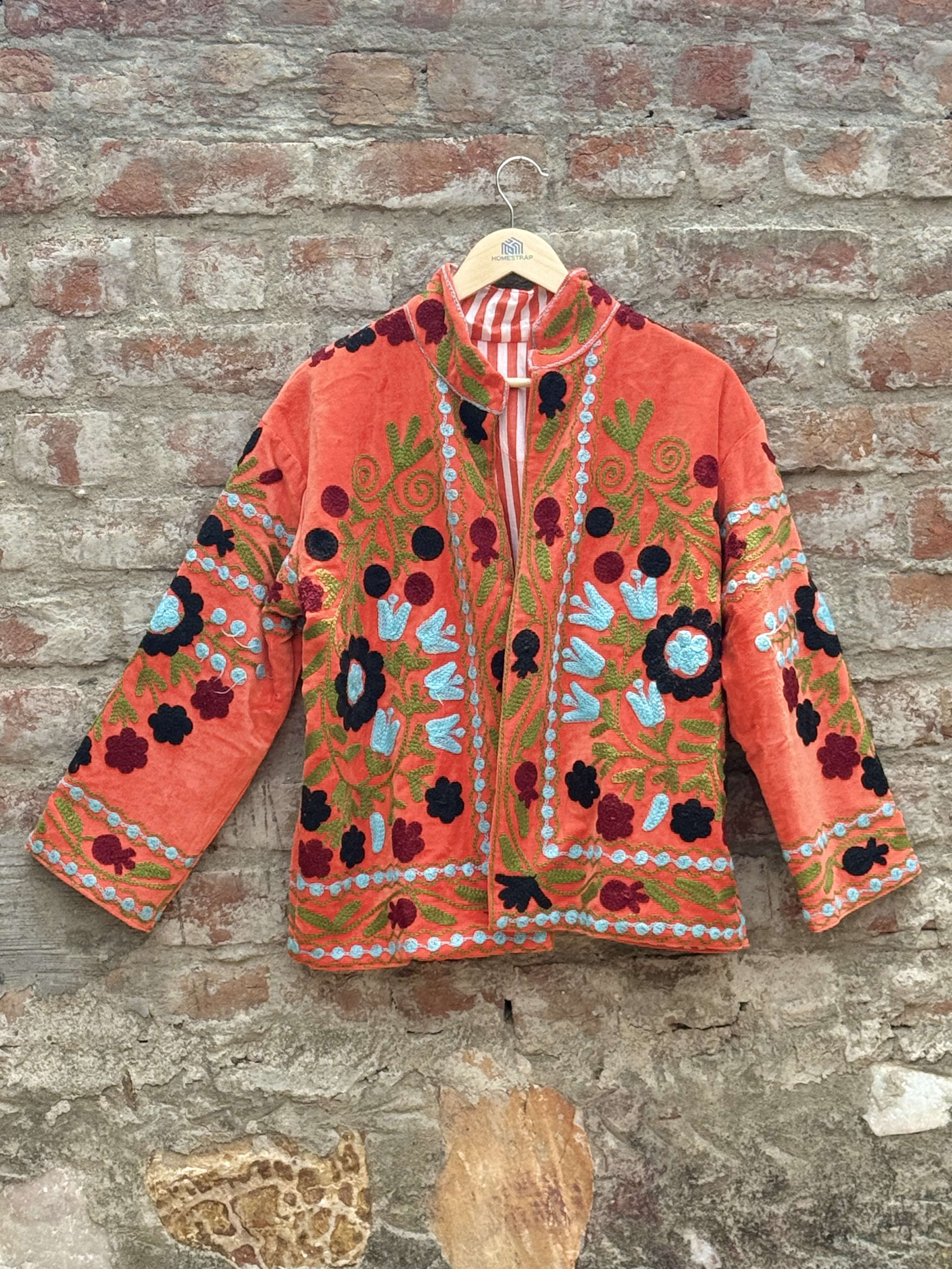 Womens Orange Velvet Embroidered Jacket with Floral Design