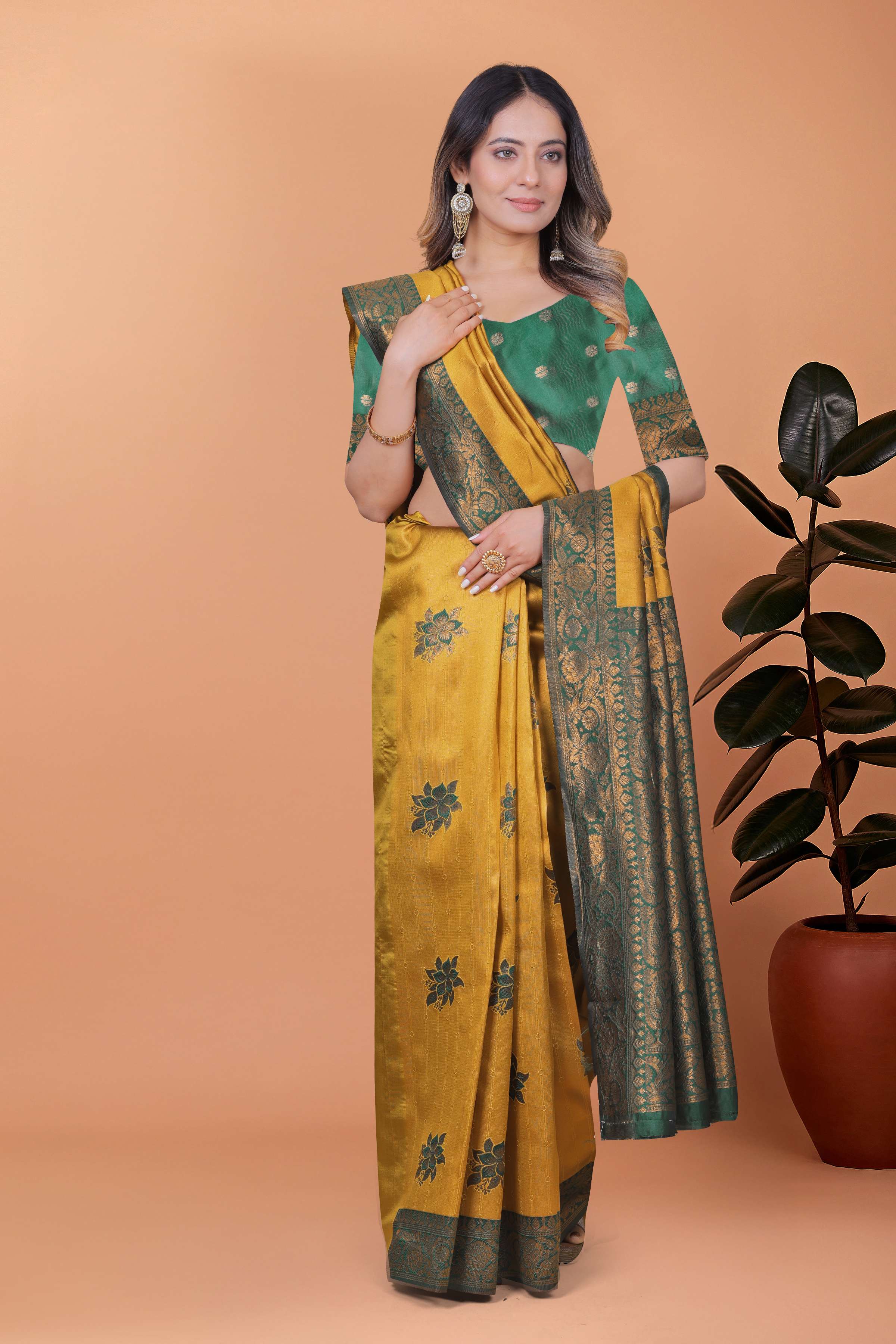 Golden Mustard Banarasi Silk Saree with Bottle Green Floral Accents & Blouse | Wedding, Haldi, Festive & Party Wear