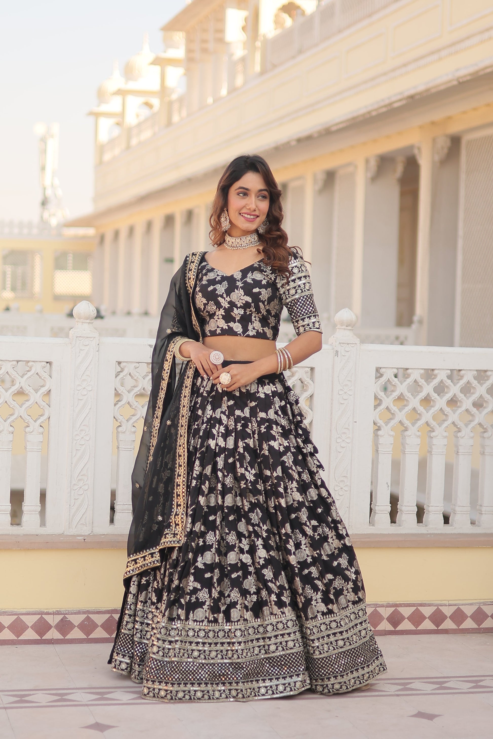 black lehanga set, embroidered lehanga, Noorahe
