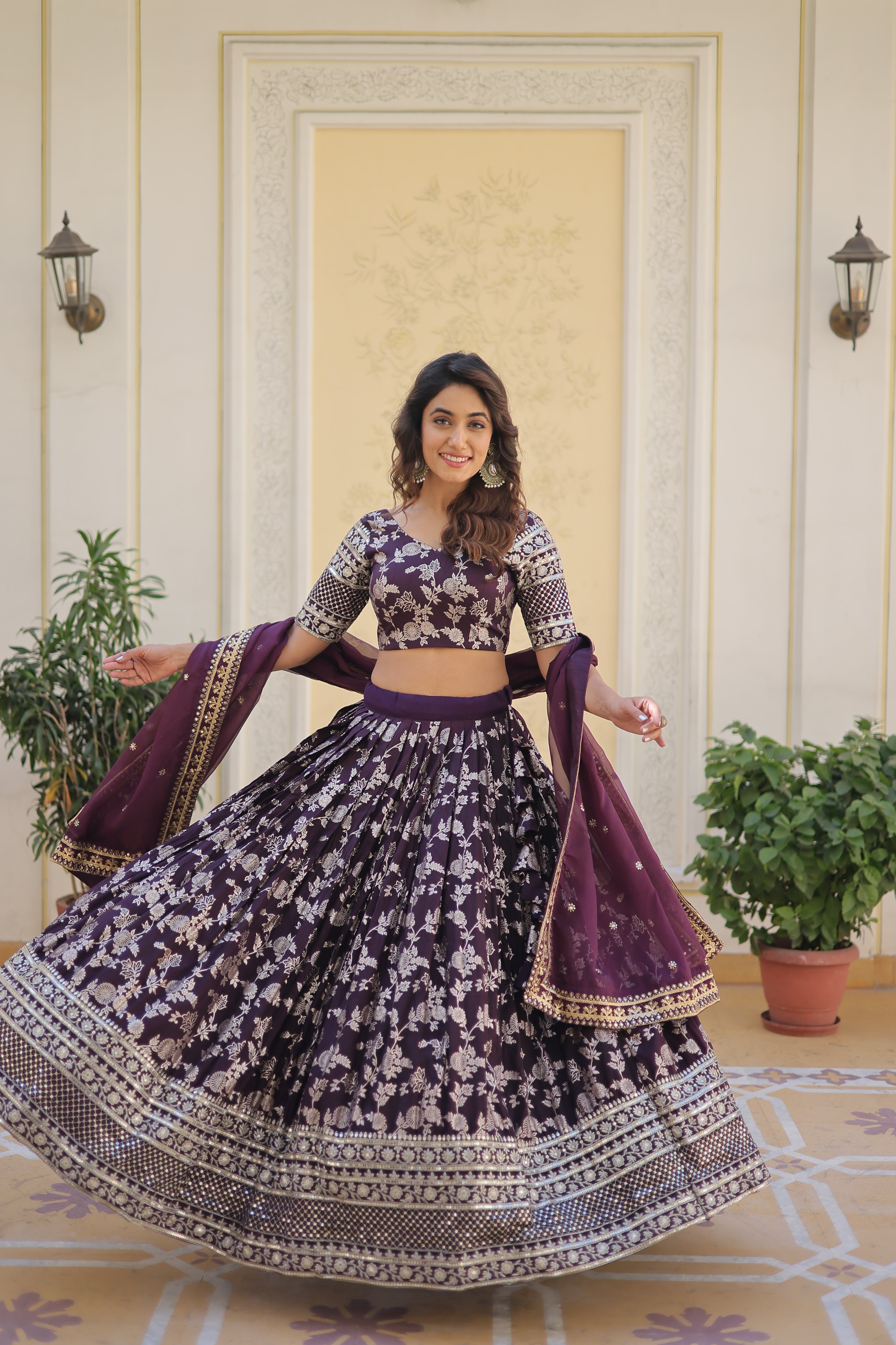 Wine Designer Dyeable Pure Viscose Jacquard fabric Lehenga Choli & Dupatta Set