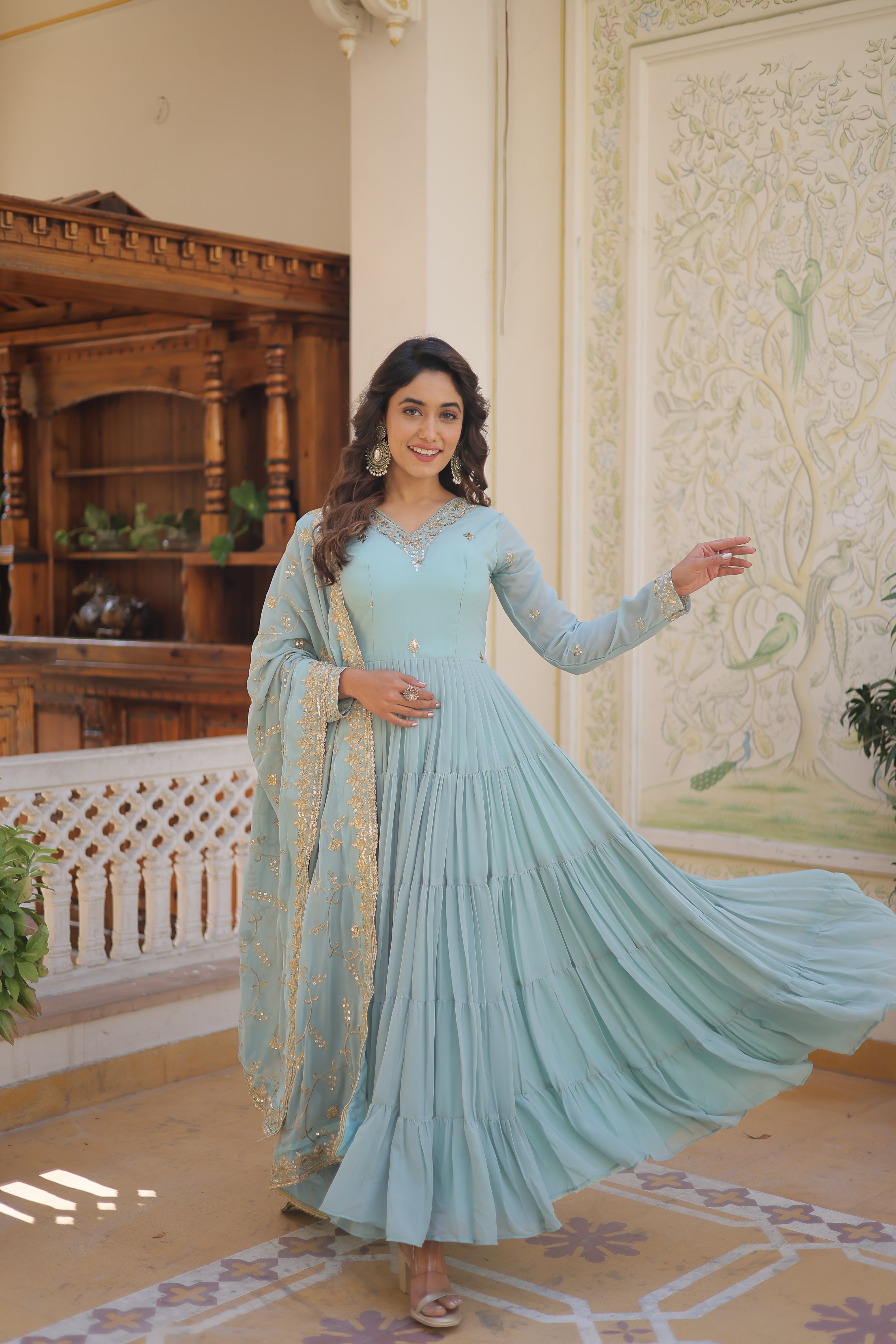 Sky Women's Designer Gown With Dupatta Sets