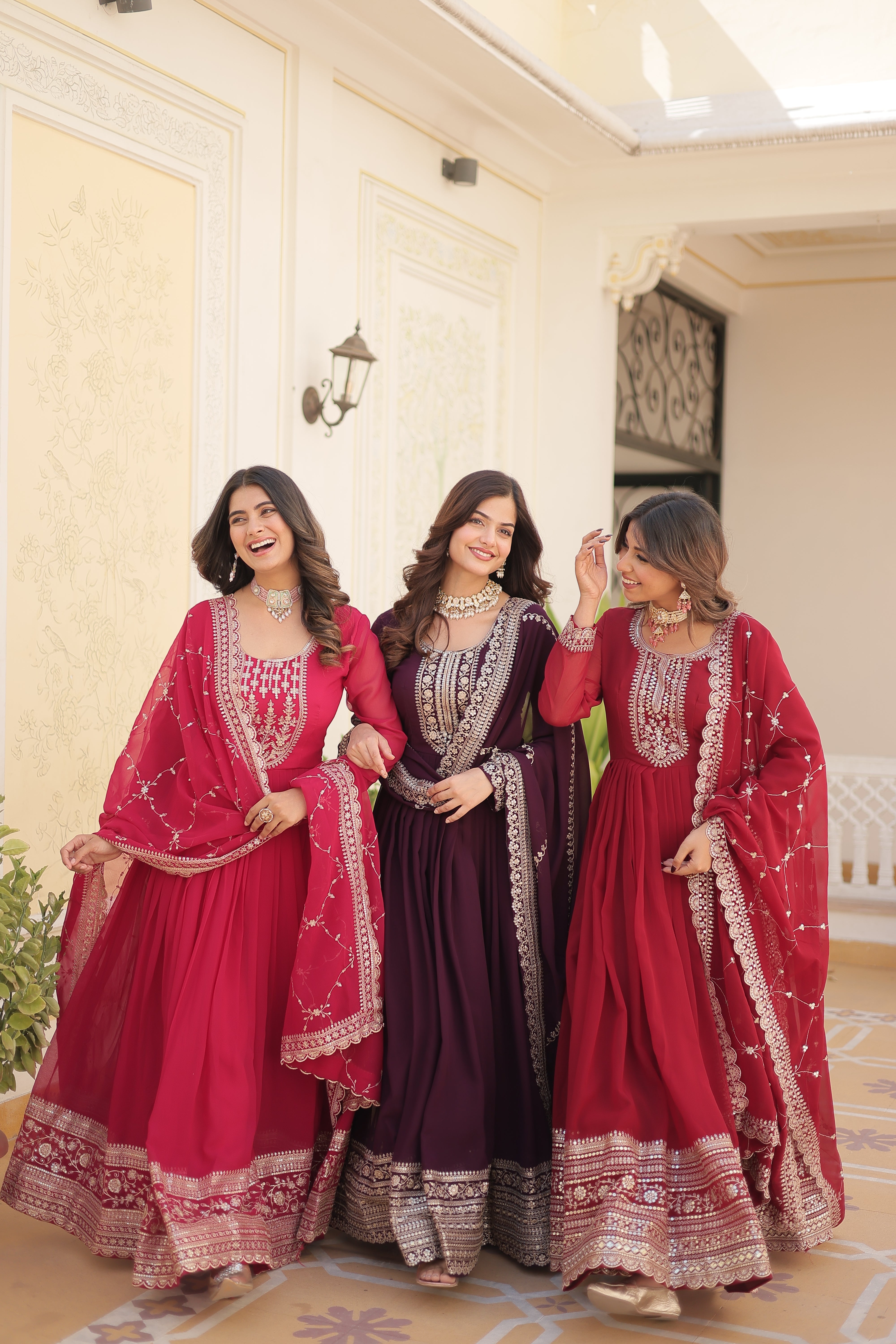 Maroon Faux Blooming Gown With Embroidered Dupatta