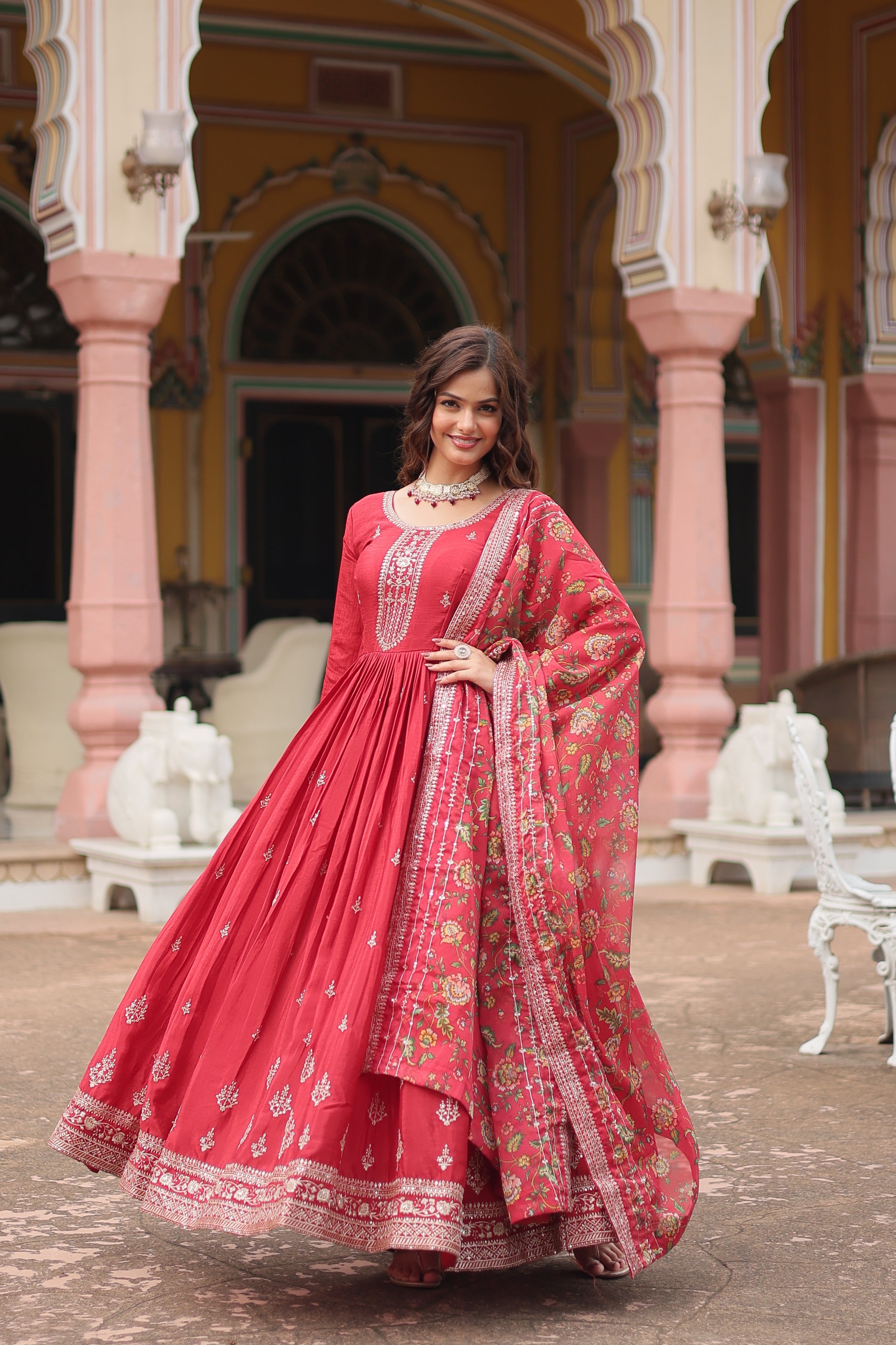 Maroon Chinnon Silk Gown With Silk Kalamkari  Printed Dupatta Sets