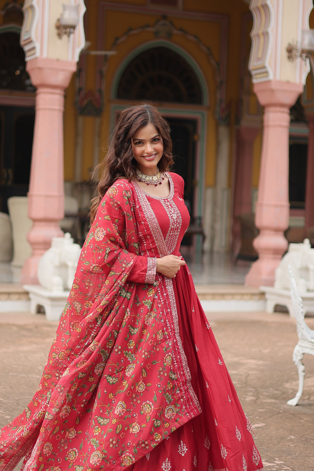 Maroon Chinnon Silk Gown With Silk Kalamkari  Printed Dupatta Sets