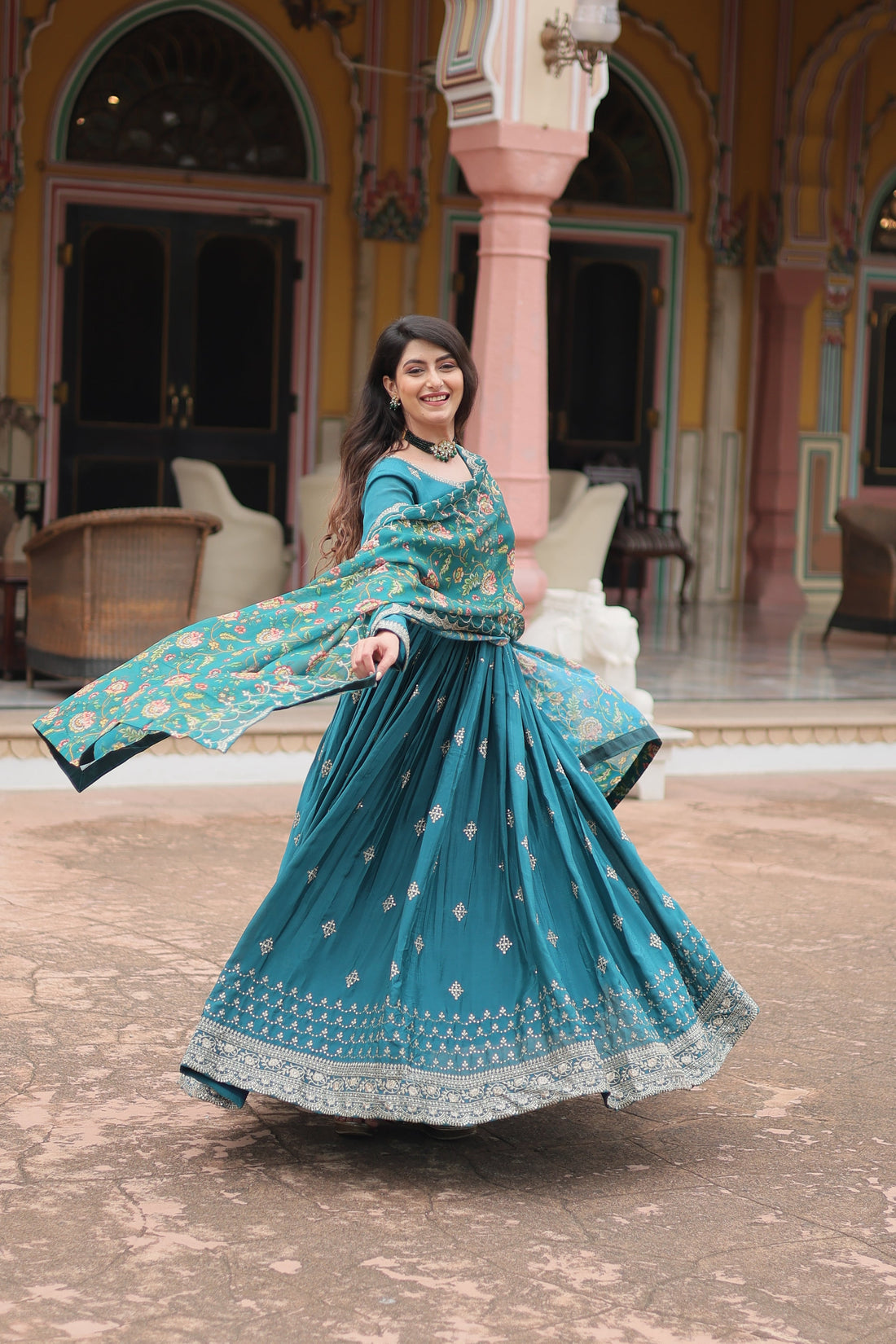 Rama Chinnon Silk Gown With Silk Kalamkari  Printed Dupatta Sets