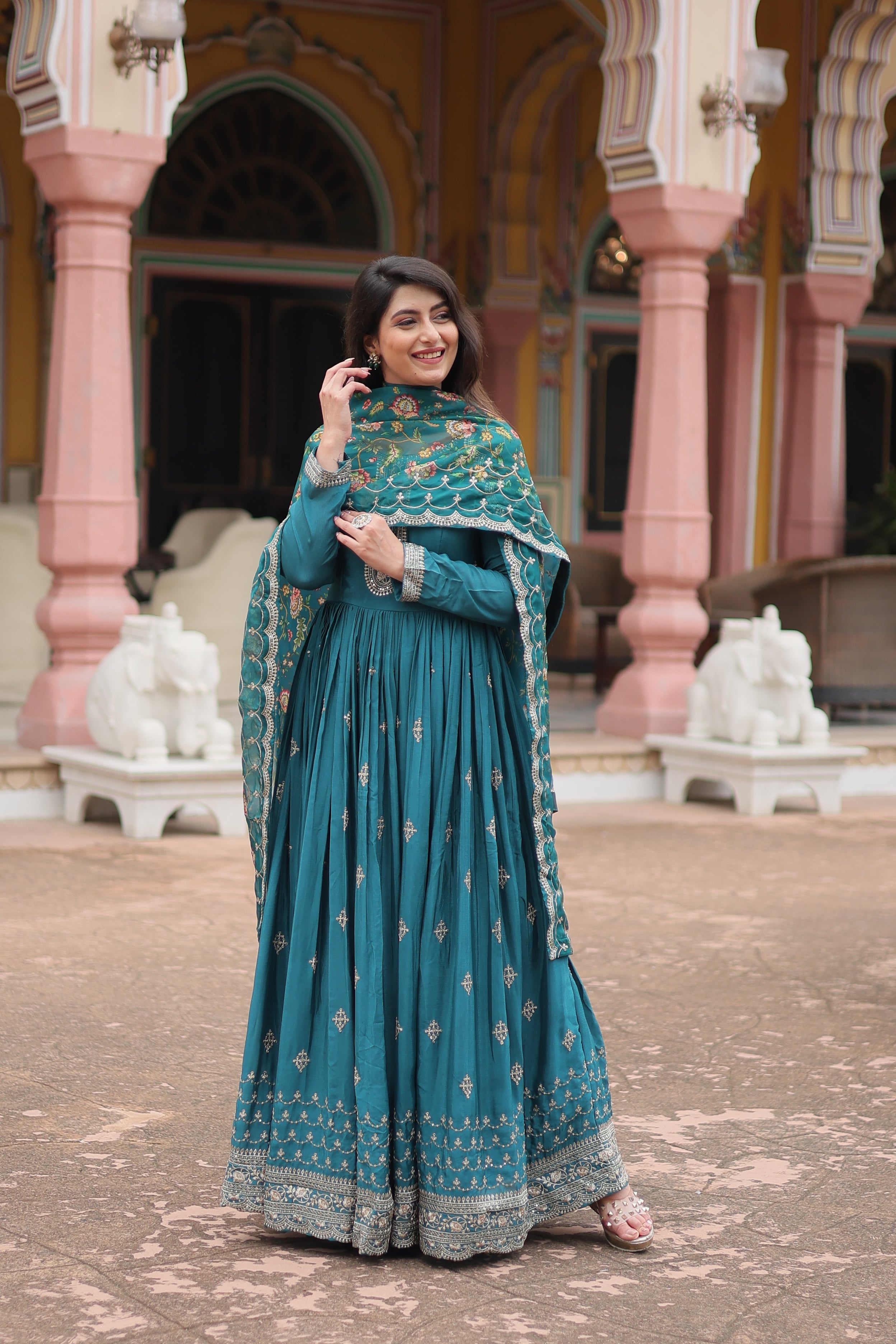 Rama Chinnon Silk Gown With Silk Kalamkari  Printed Dupatta Sets