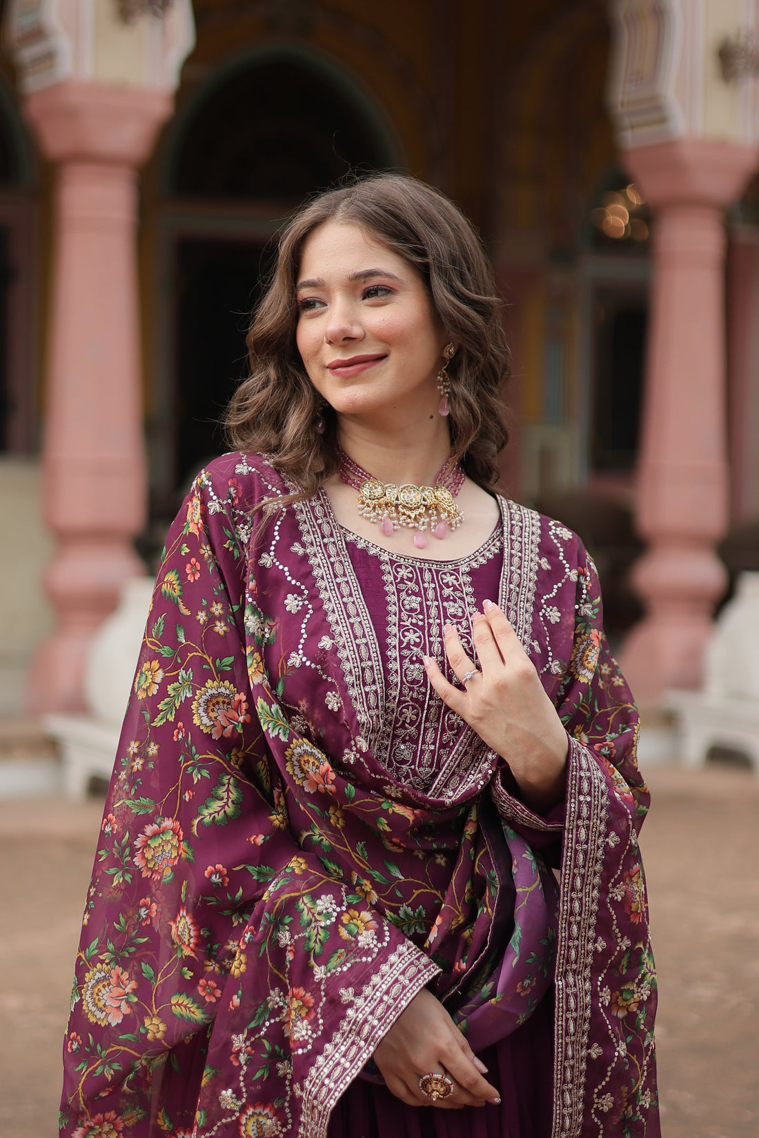 Wine Chinnon Silk Gown With Silk Kalamkari  Printed Dupatta Sets