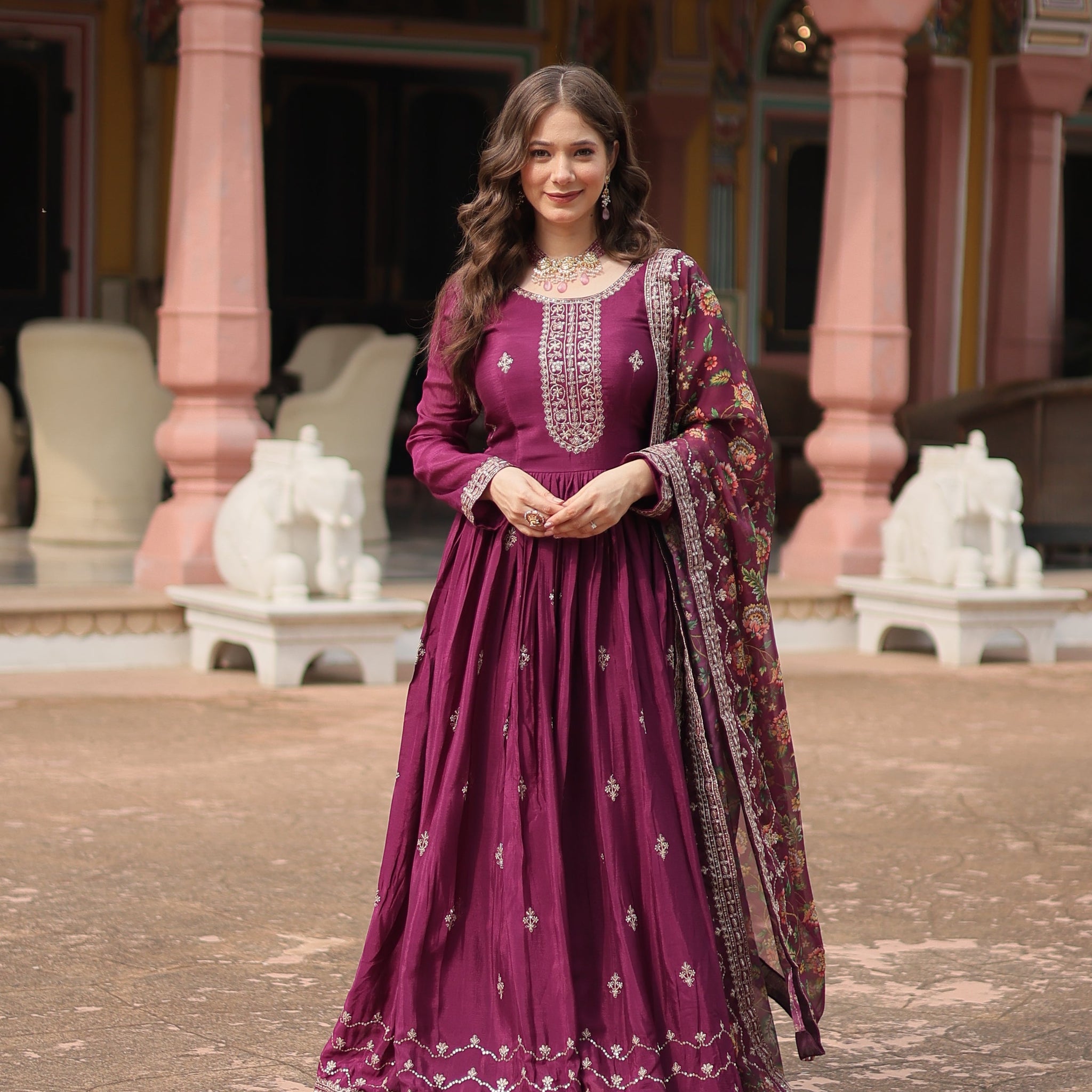 Wine Chinnon Silk Gown With Silk Kalamkari  Printed Dupatta Sets