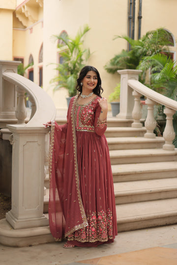 Coffee Faux Georgette Gown Sharara With Dupatta Sets