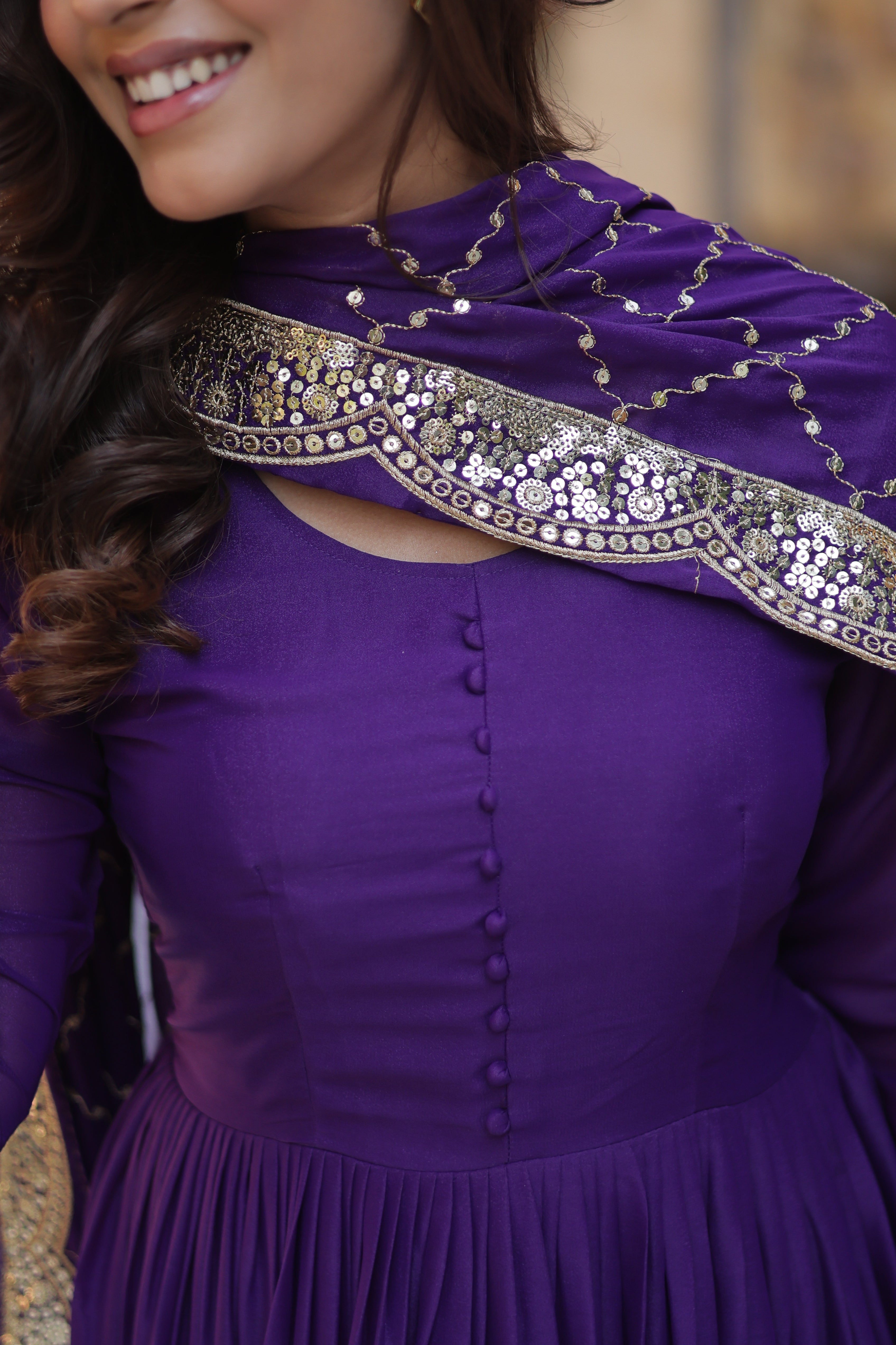Purple Elegant Readymade Georgette Gown With Dupatta Sets