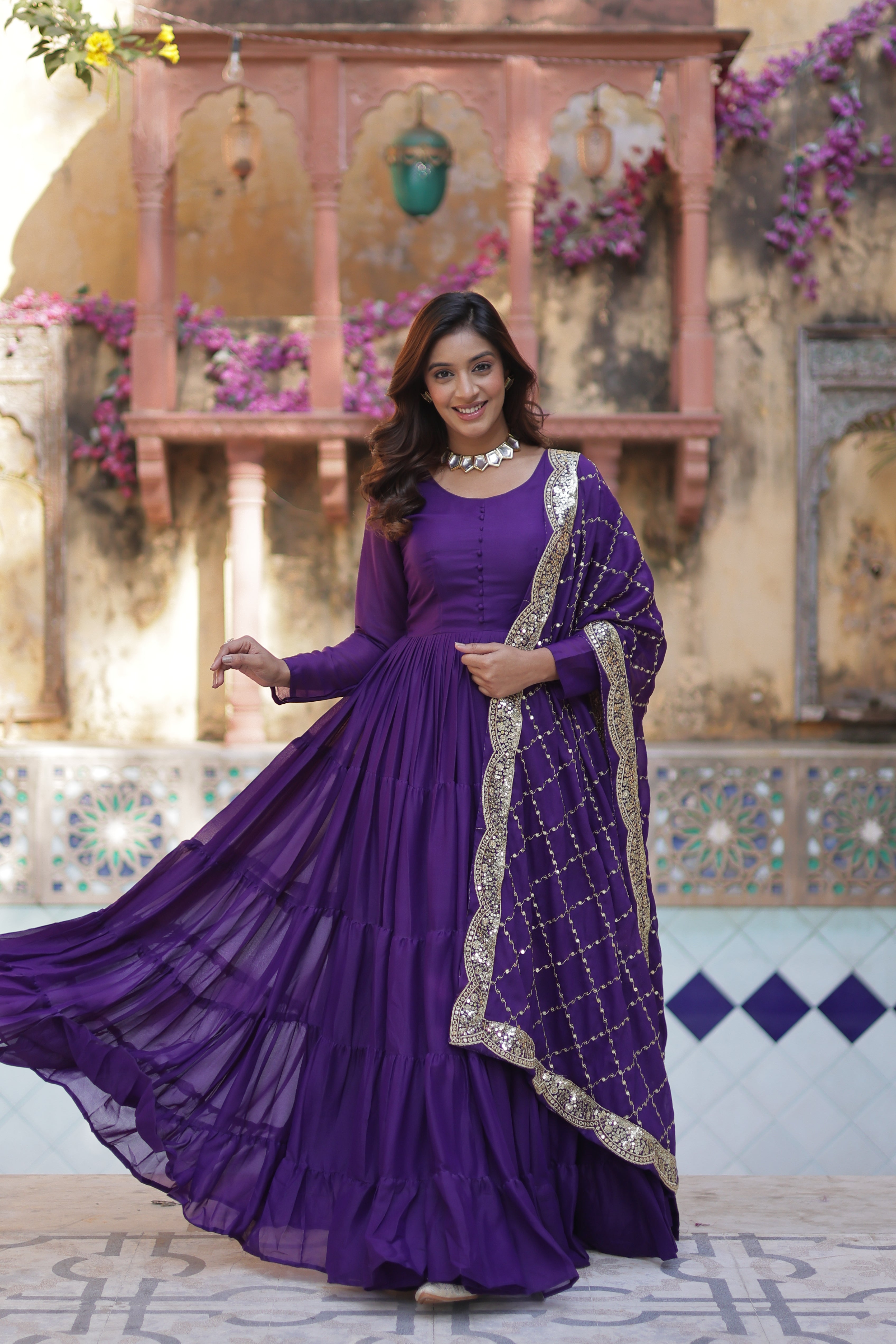 Purple Elegant Readymade Georgette Gown With Dupatta Sets