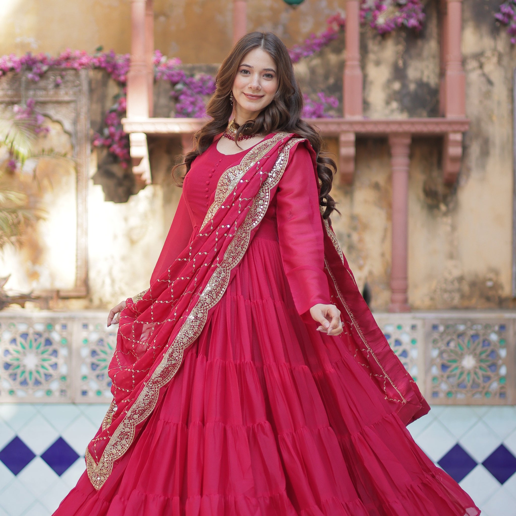 Pink Elegant Readymade Georgette Gown With Dupatta Sets