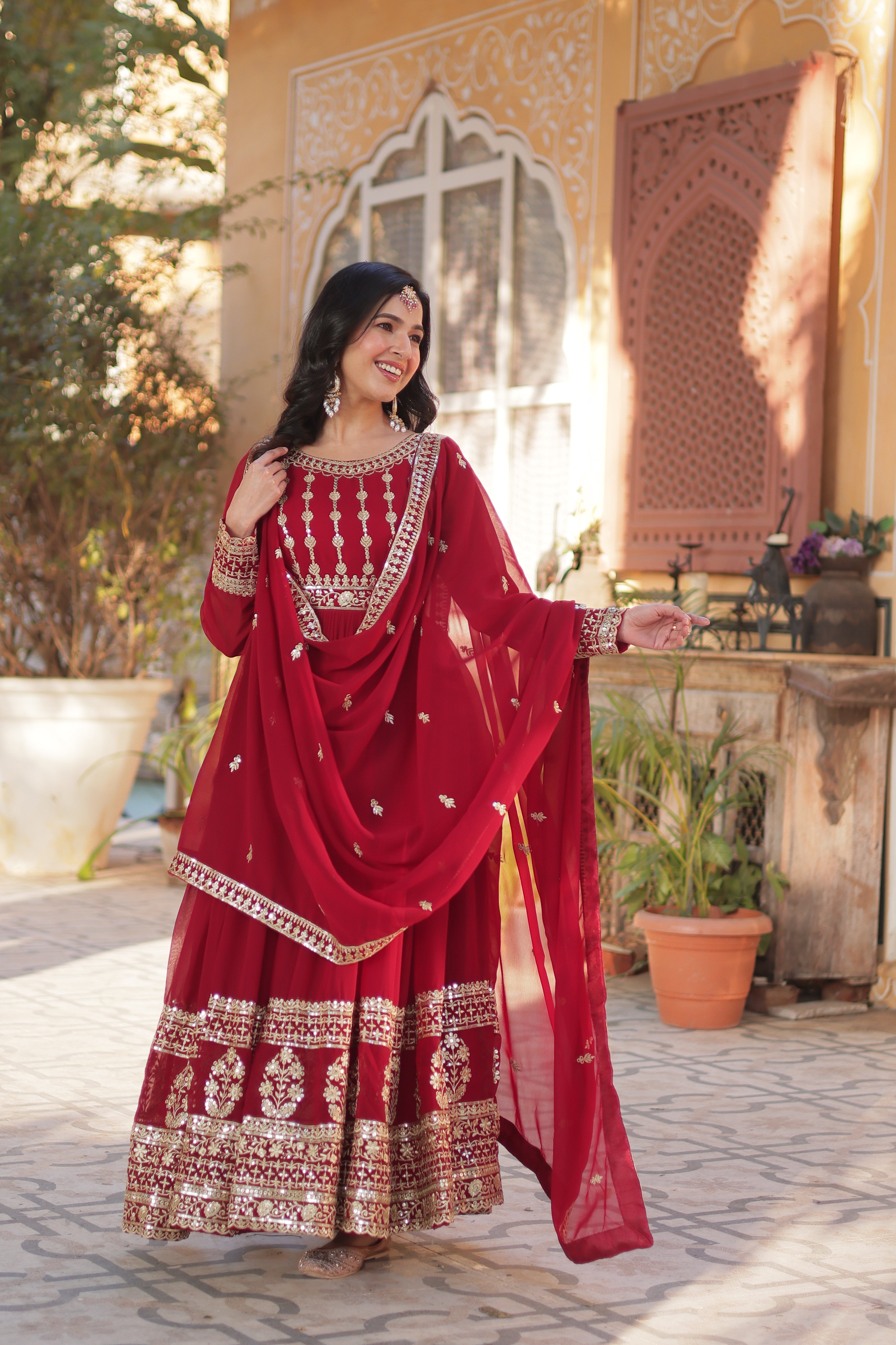 Maroon Faux Blooming Gown with Embroidery Dupatta