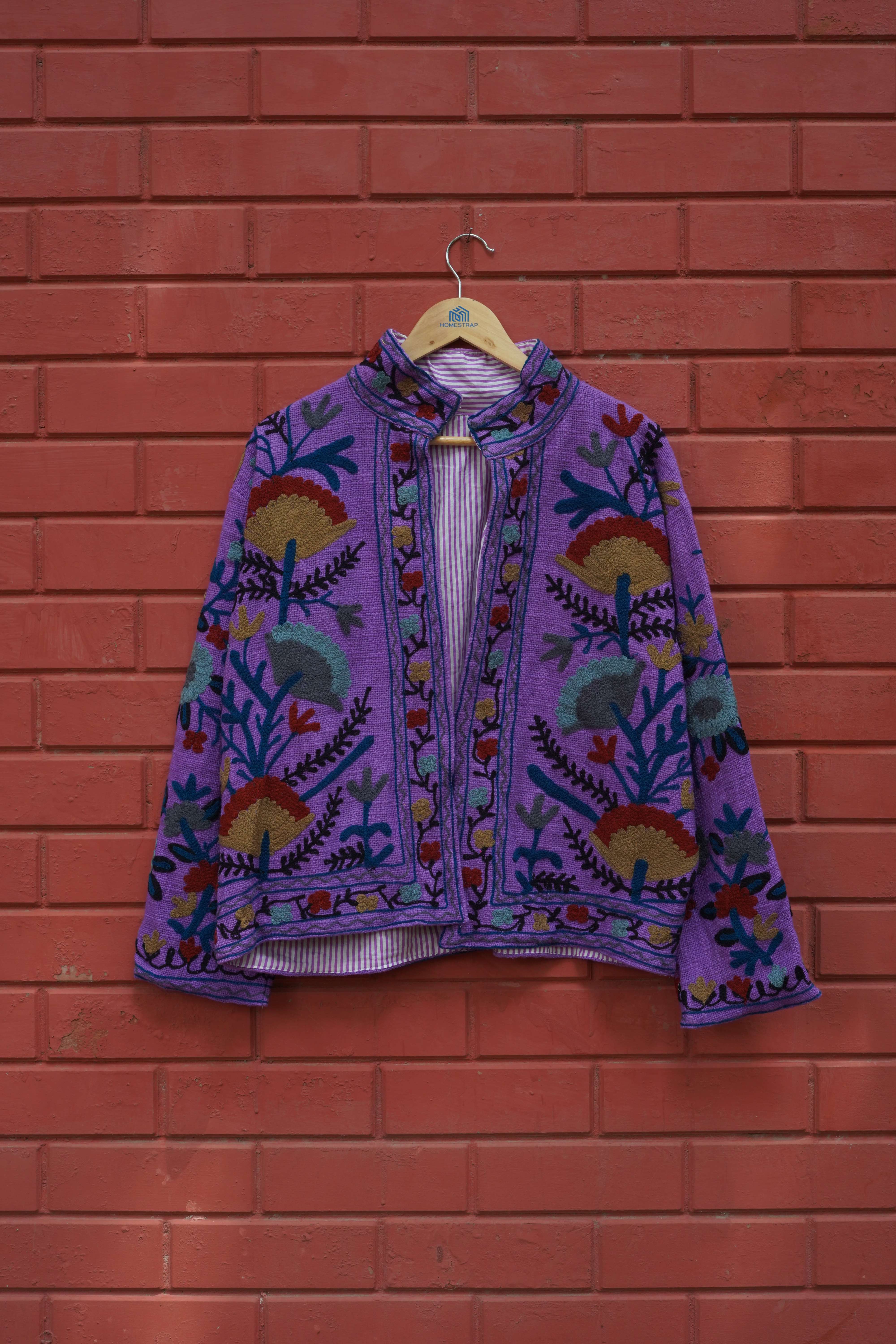 Womens Dark Purple Velvet Embroidered Jacket with Floral Design