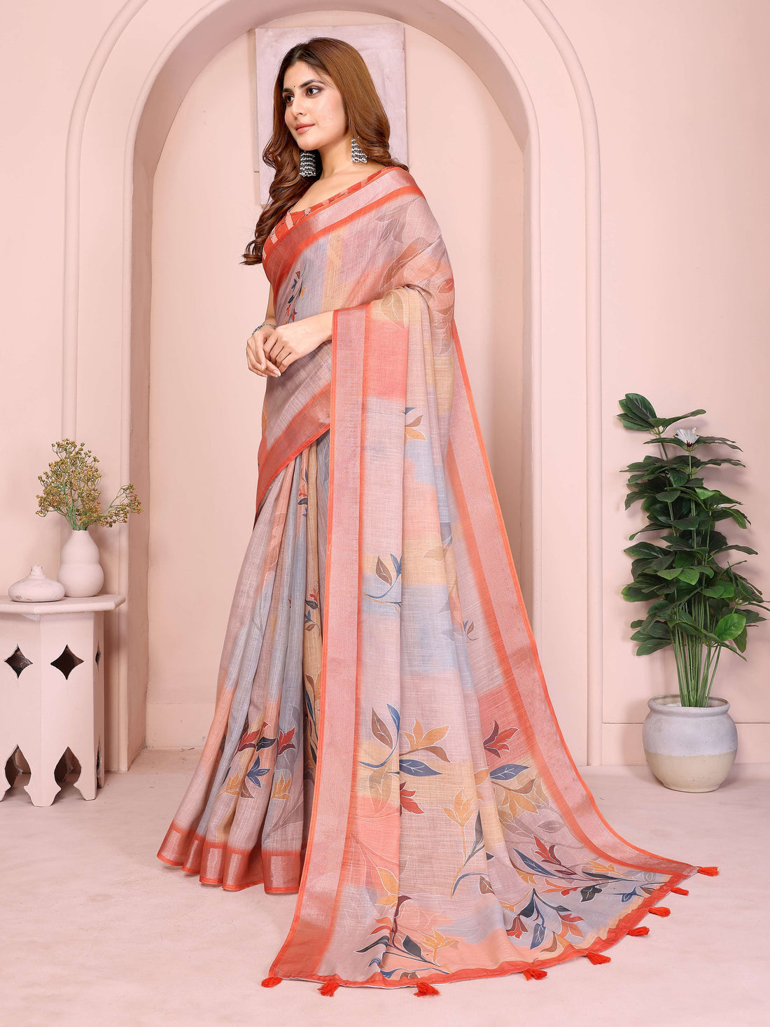 Elegant Linen Cotton Saree – Pastel Grey with Coral Leaf Motifs & Tassel Border