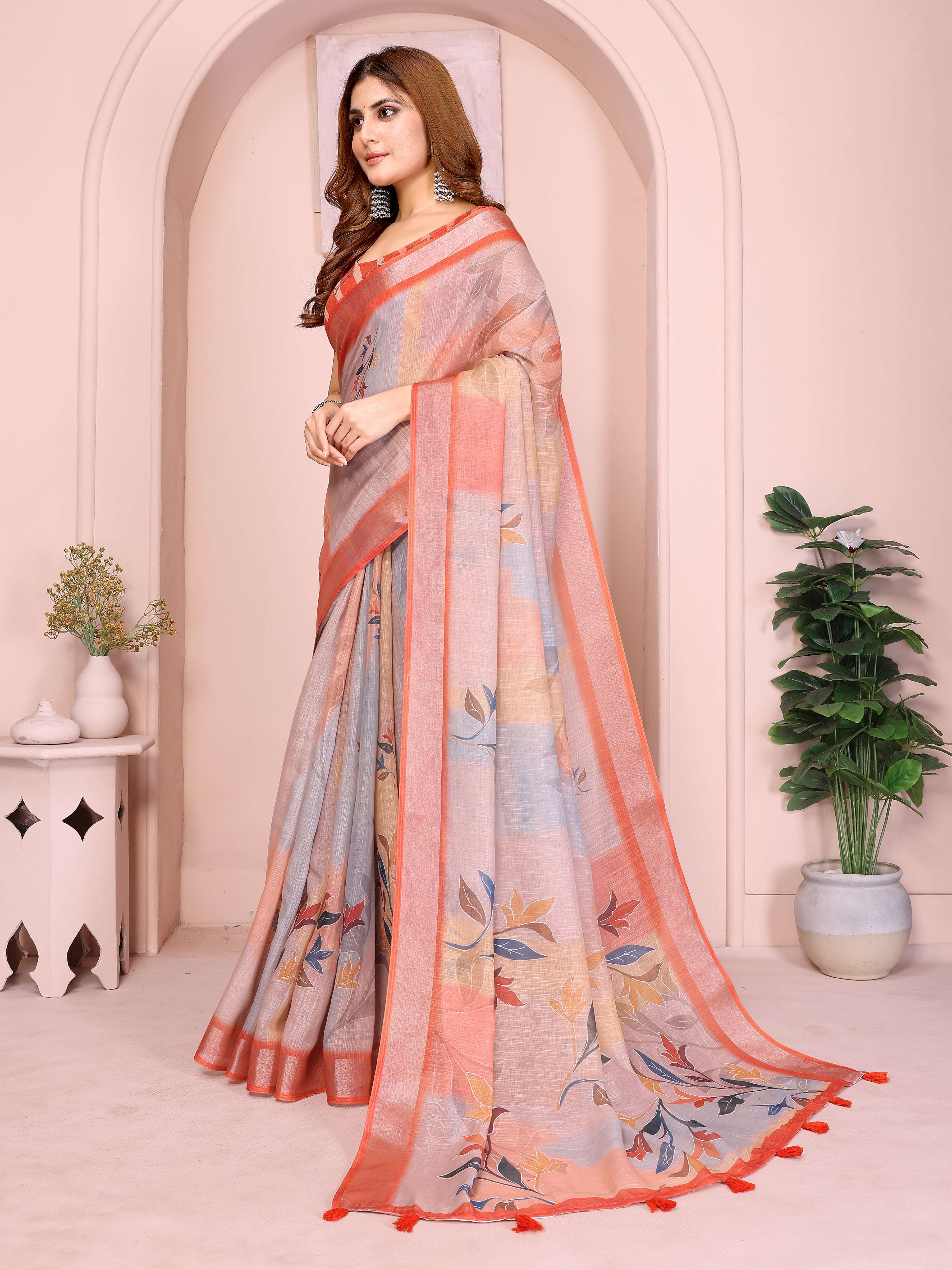 Elegant Linen Cotton Saree – Pastel Grey with Coral Leaf Motifs & Tassel Border