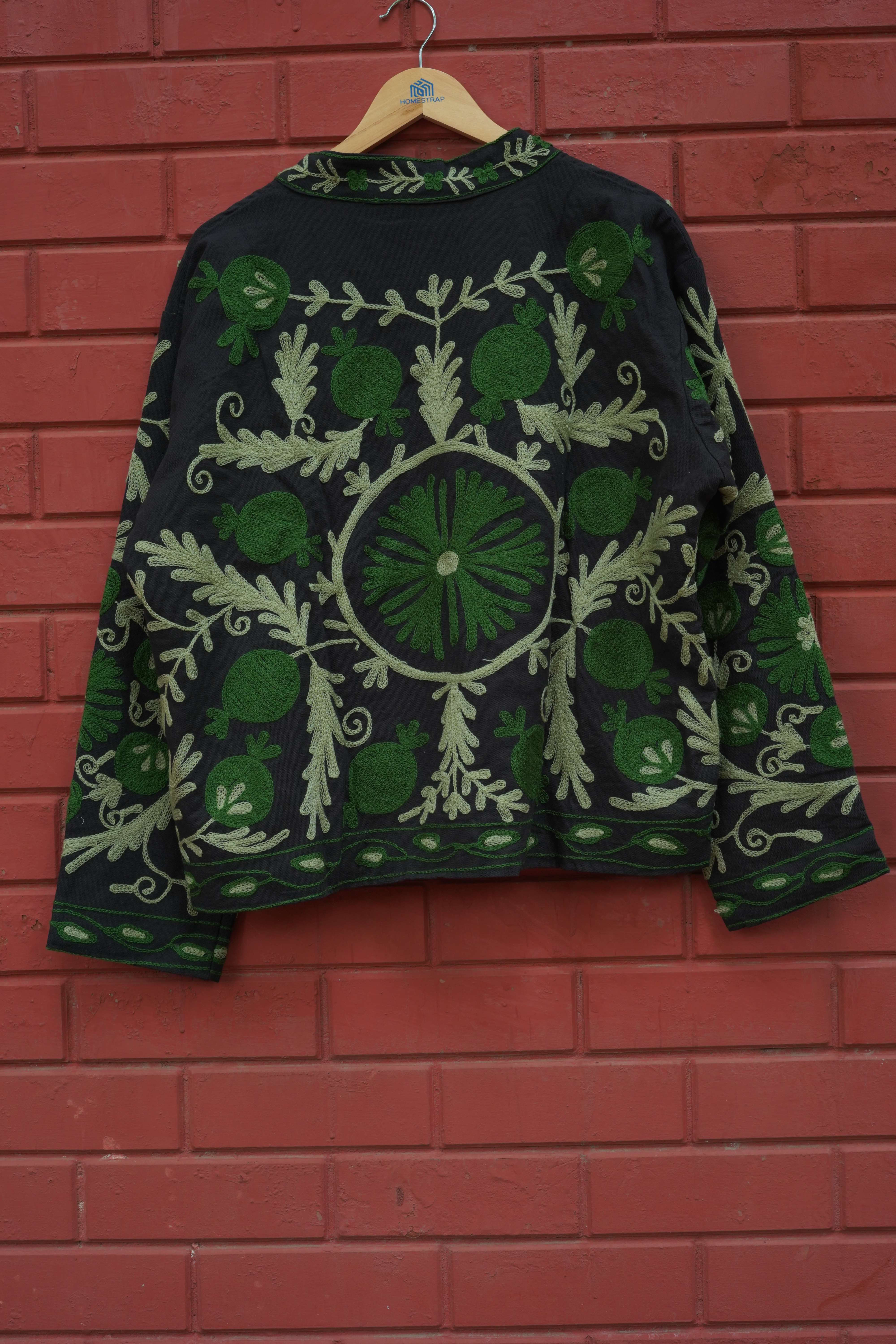 Womens Black Velvet Embroidered Jacket with Floral Design