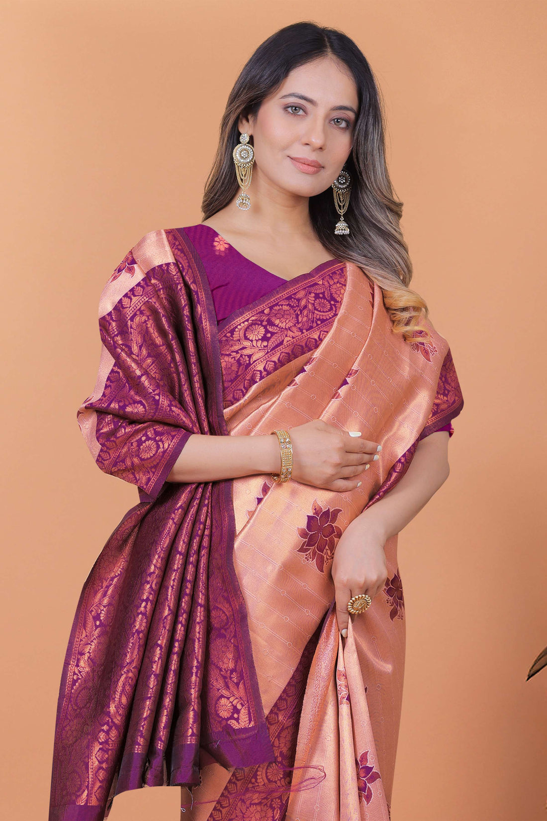 Rosewood Elegance Banarasi Silk Saree with Plum Zari Work & Blouse | Engagement, Festival, Sangeet & Traditional Wear