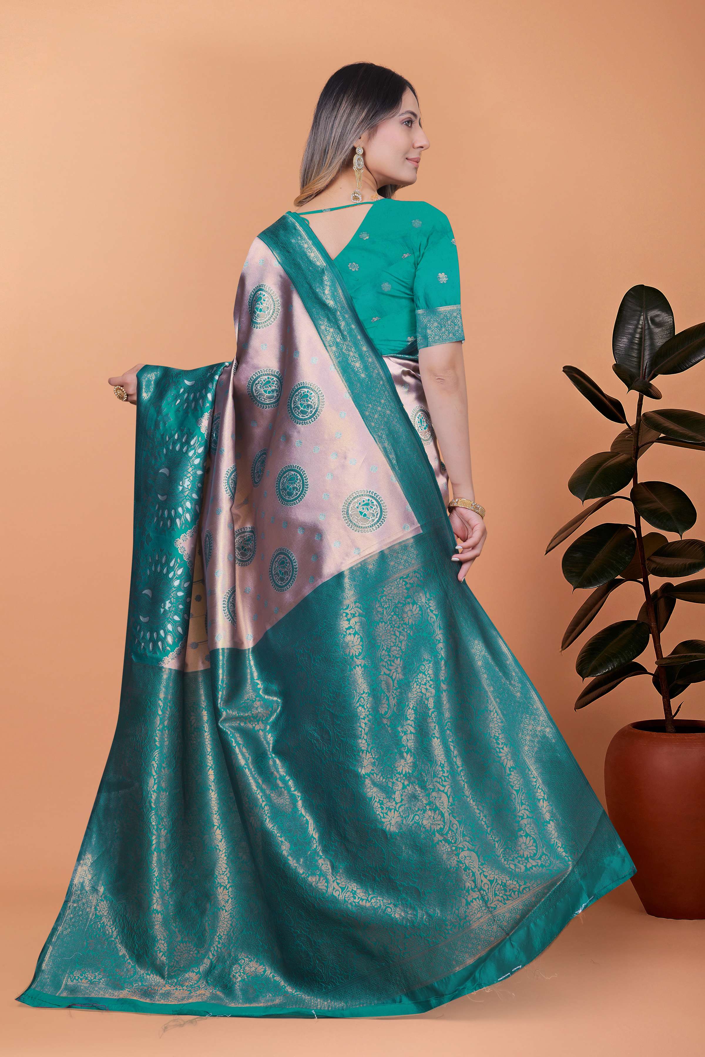 Emerald Elegance Banarasi Silk Saree with Lavender Base, Green Zari Border & Peacock Motifs | Wedding, Festive & Traditional Wear