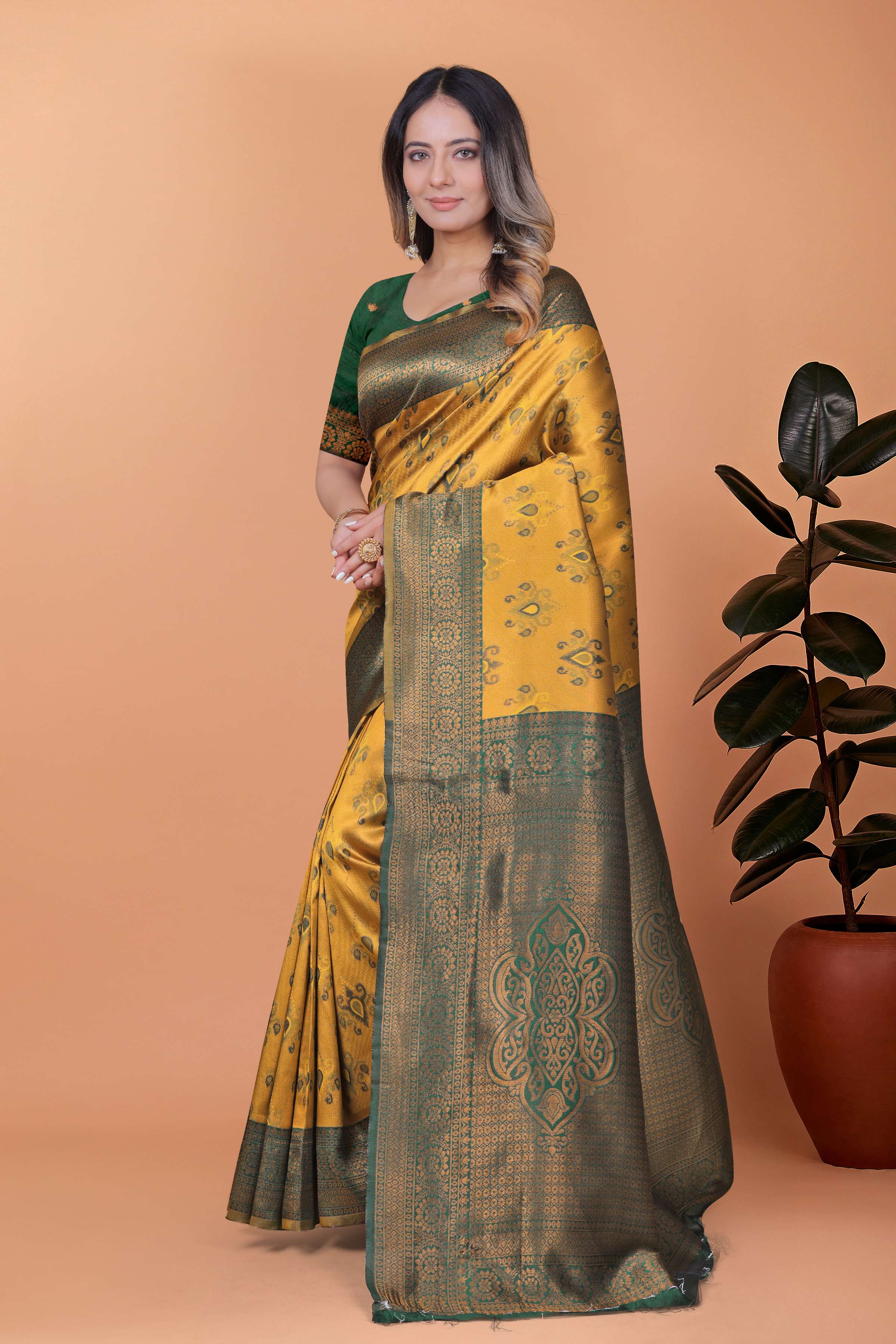 Regal Glow Mustard Yellow & Emerald Green Banarasi Silk Saree with Zari Work | Wedding, Festive & Temple Occasion Wear